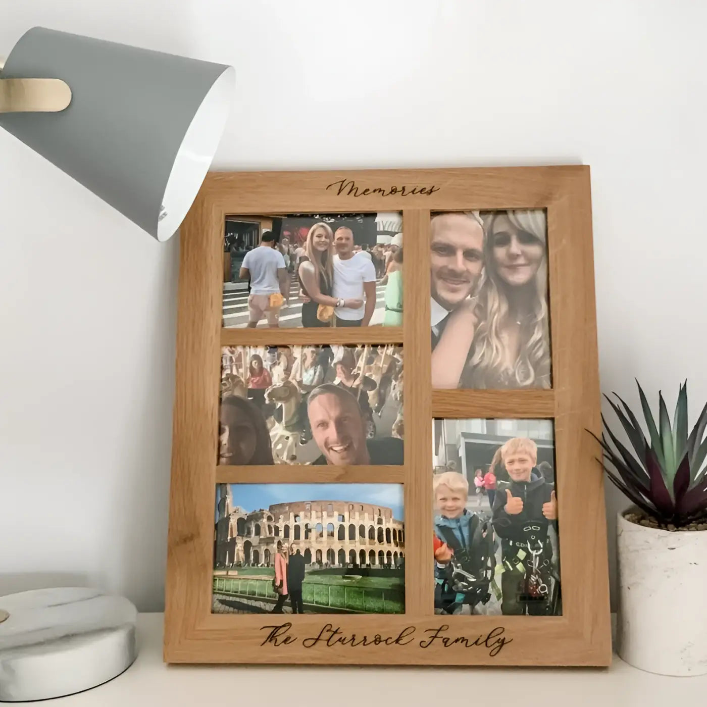 Personalised oak photo frame - luxury 5 aperture family display | engraved wooden