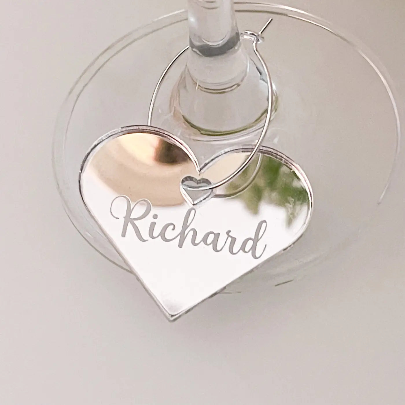 Personalised party drinks charms – luxury heart shaped gold mirror drink markers