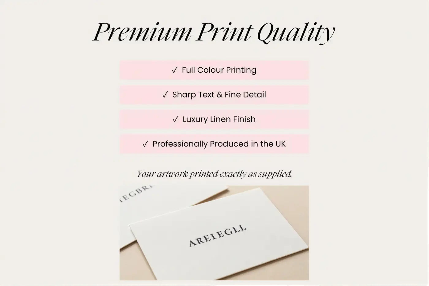 The image is a promotional graphic for premium print quality, showcasing a close-up of a business card with the text "AREIEGGL" printed on it.