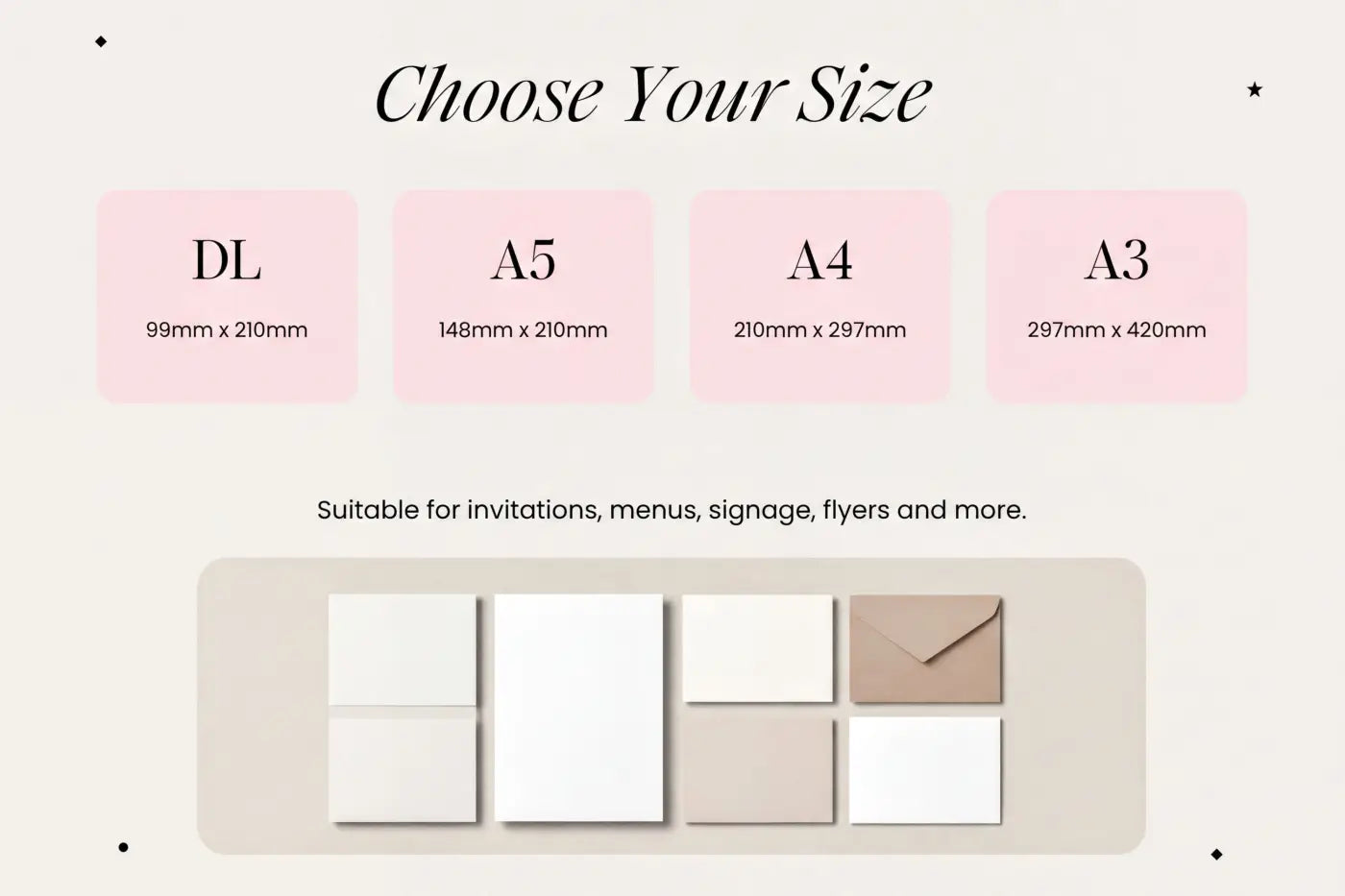 a selection of paper sizes, including DL, A5, A4, and A3, along with their corresponding dimensions. The paper sizes are suitable for various purposes such as invitations, menus, signage, flyers, and more.