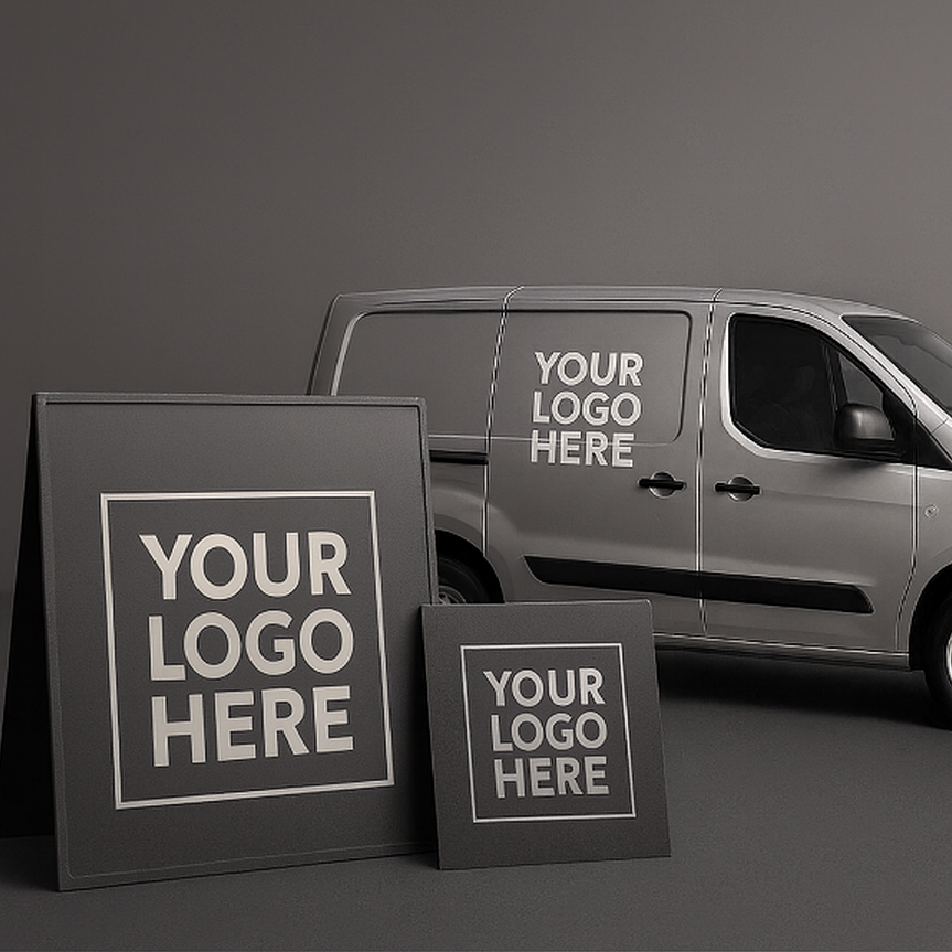 Promotional image for premium vehicle signs and vinyl logos with a van and sign mockups.