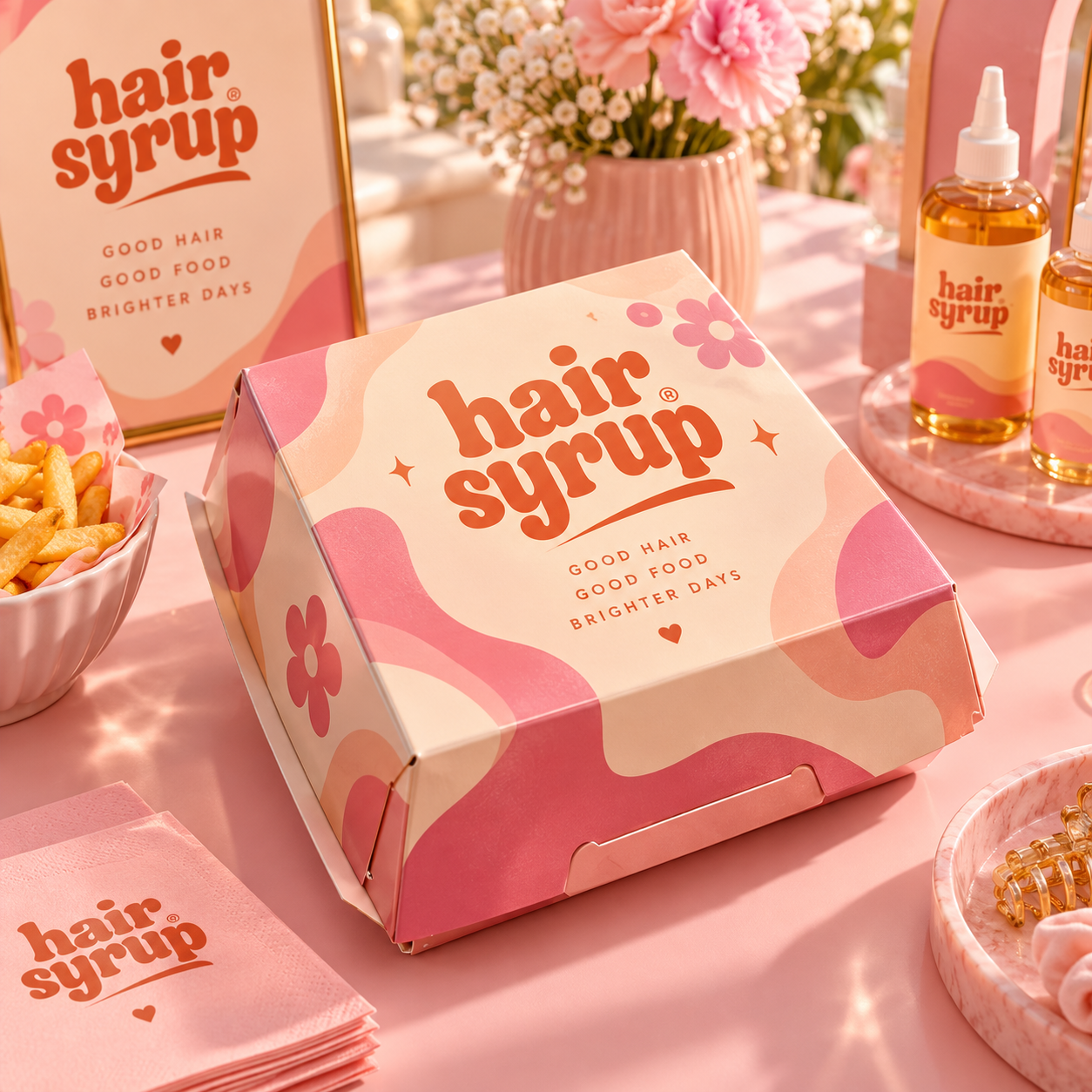 Pink and cream branded burger packaging on a colourful beauty-themed event table