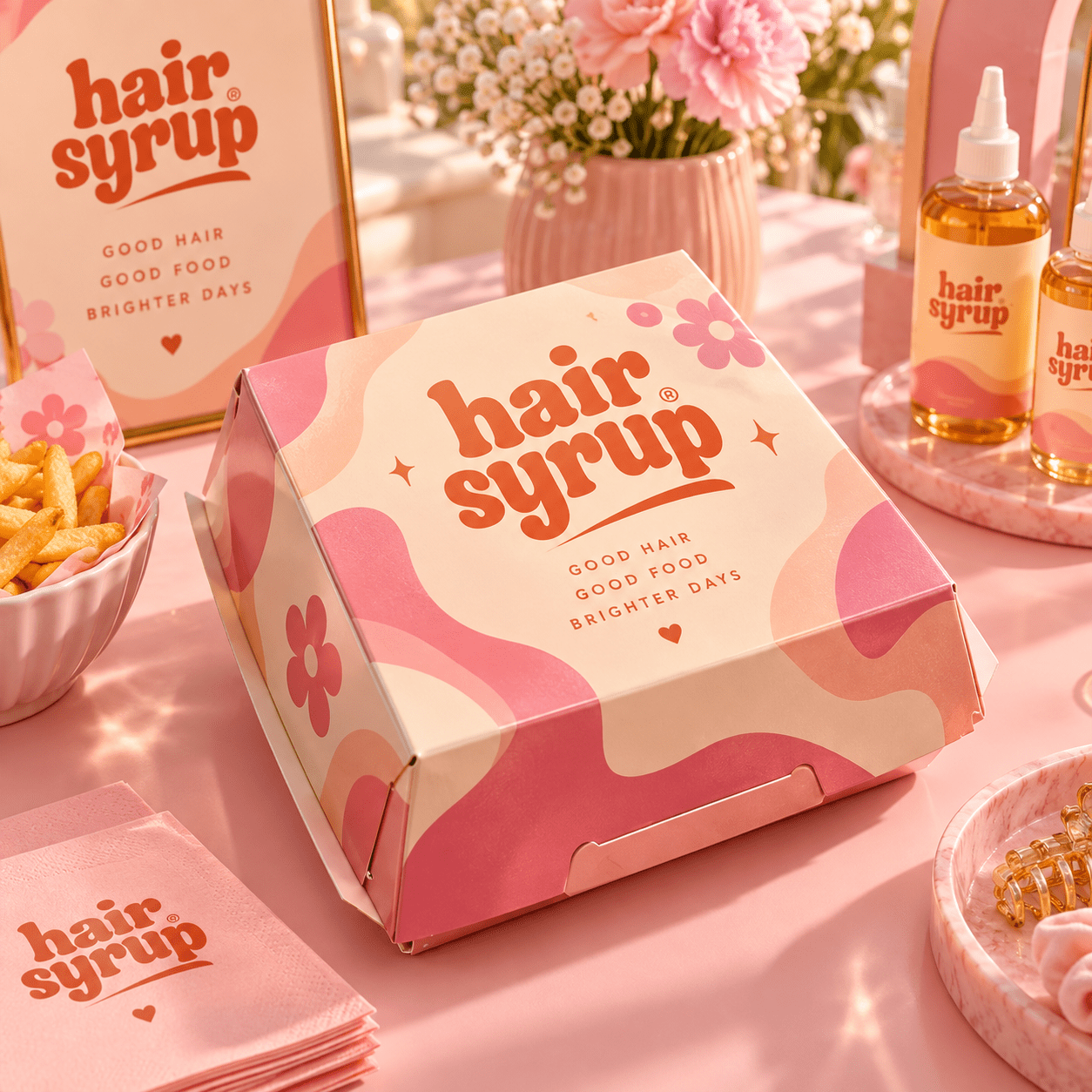 Pink and cream branded burger packaging on a colourful beauty-themed event table