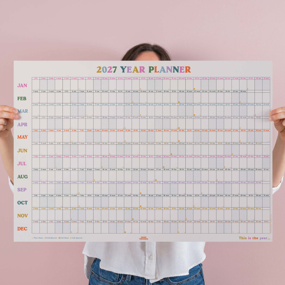 2027 Landscape Wall Planner Recycled Year-at-a-Glance Calendar with Moon Phases