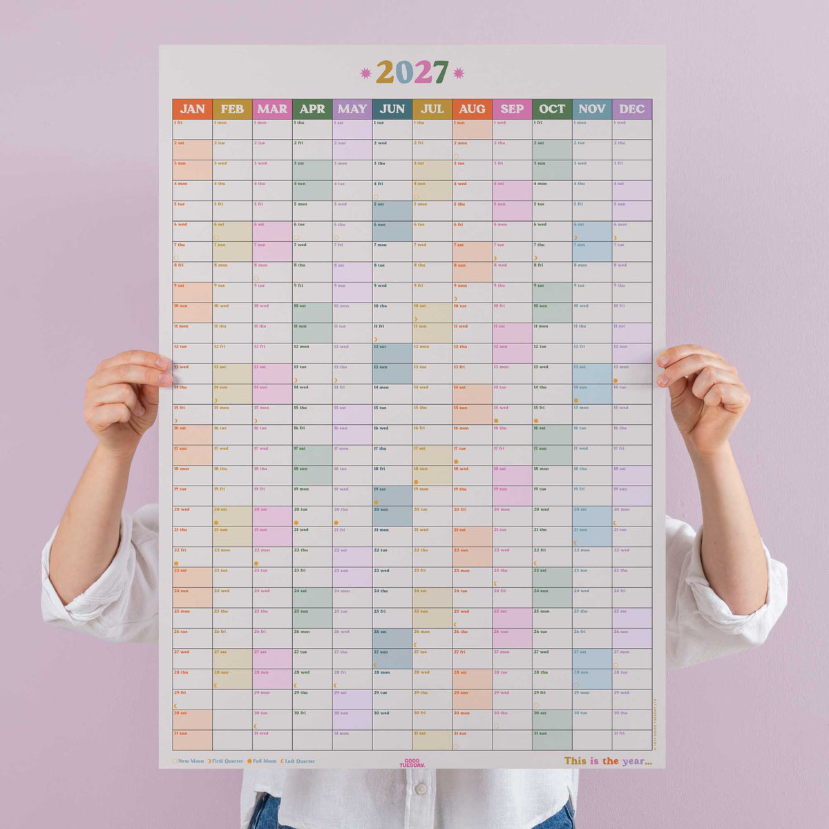 2027 Portrait Wall Planner Recycled Paper Moon Phases Weekends Highlighted