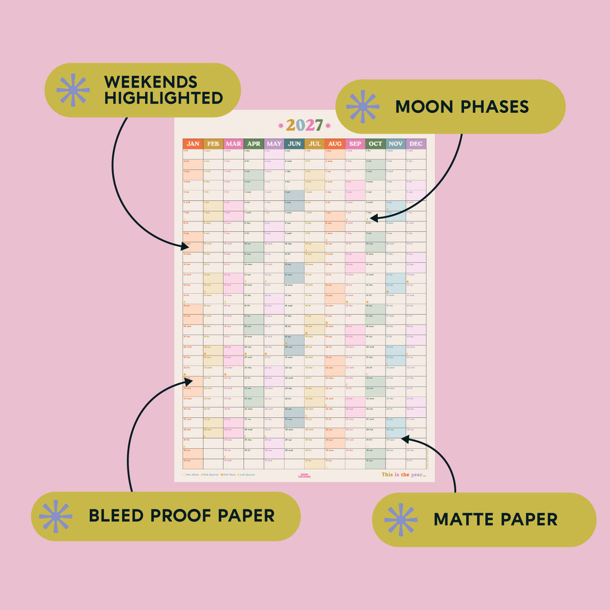 2027 Portrait Wall Planner Recycled Paper Moon Phases Weekends Highlighted