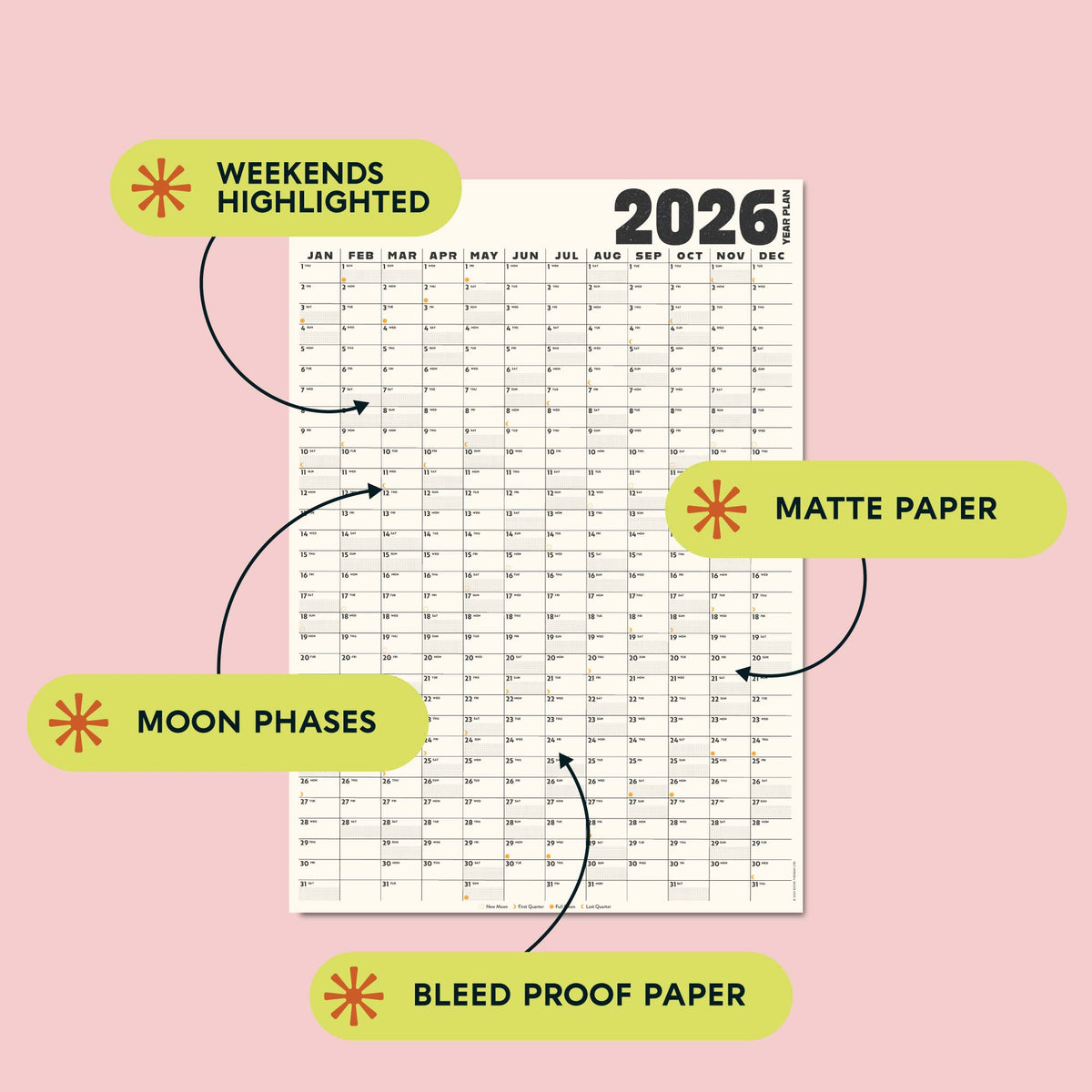 2026 Black and White Portrait Wall Planner, Recycled Matte