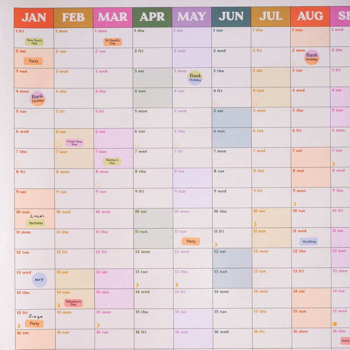 2027 Portrait Wall Planner Recycled Paper Moon Phases Weekends Highlighted