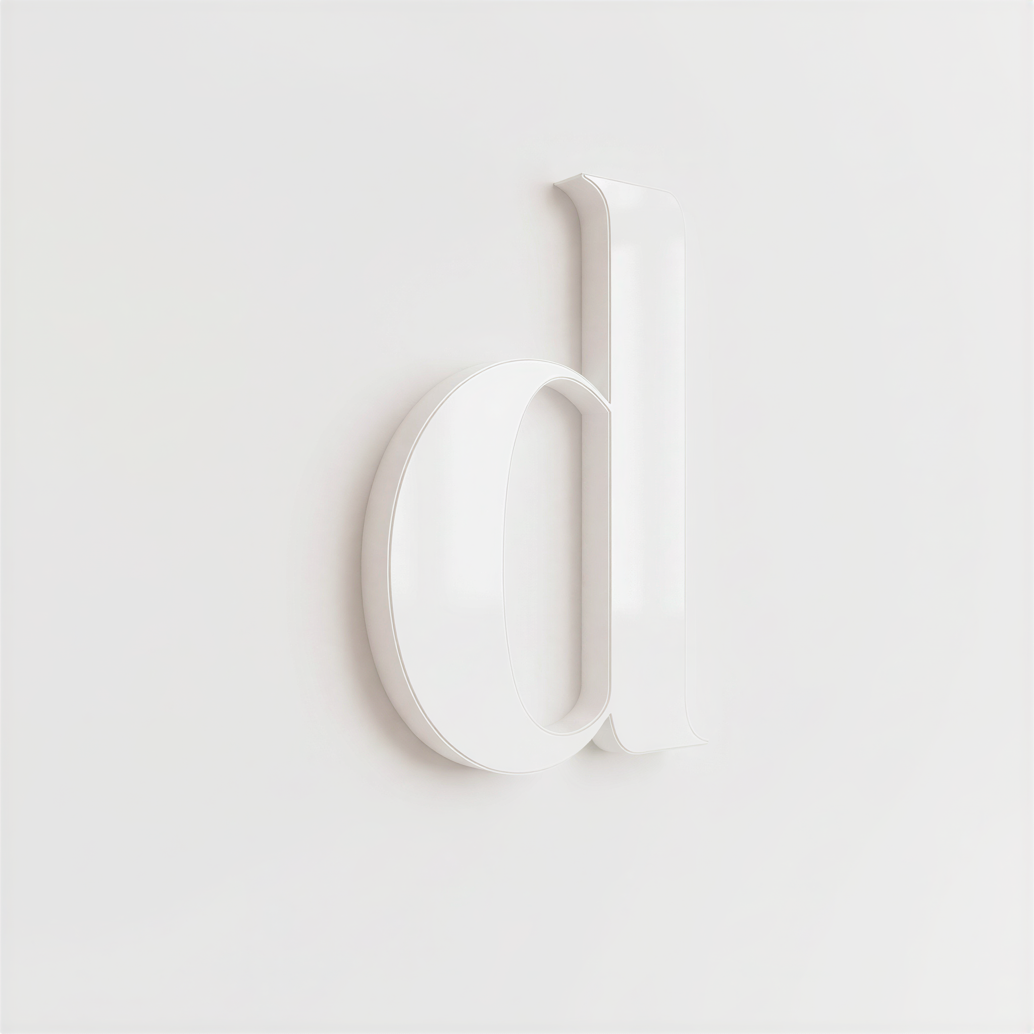 A single white letter 'd' is prominently displayed against a plain white background.
