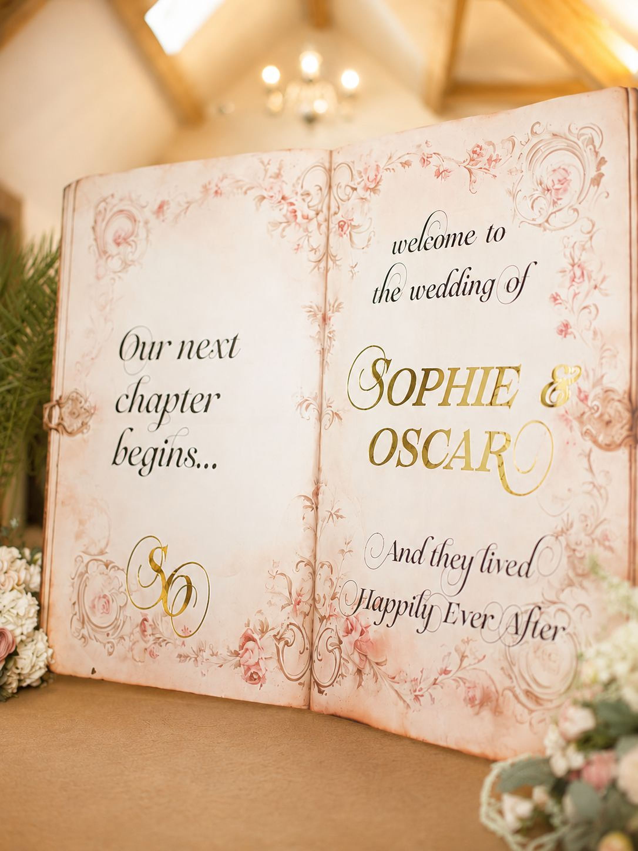a wedding invitation with a decorative design and text that welcomes guests to the wedding of Sophie and Oscar.