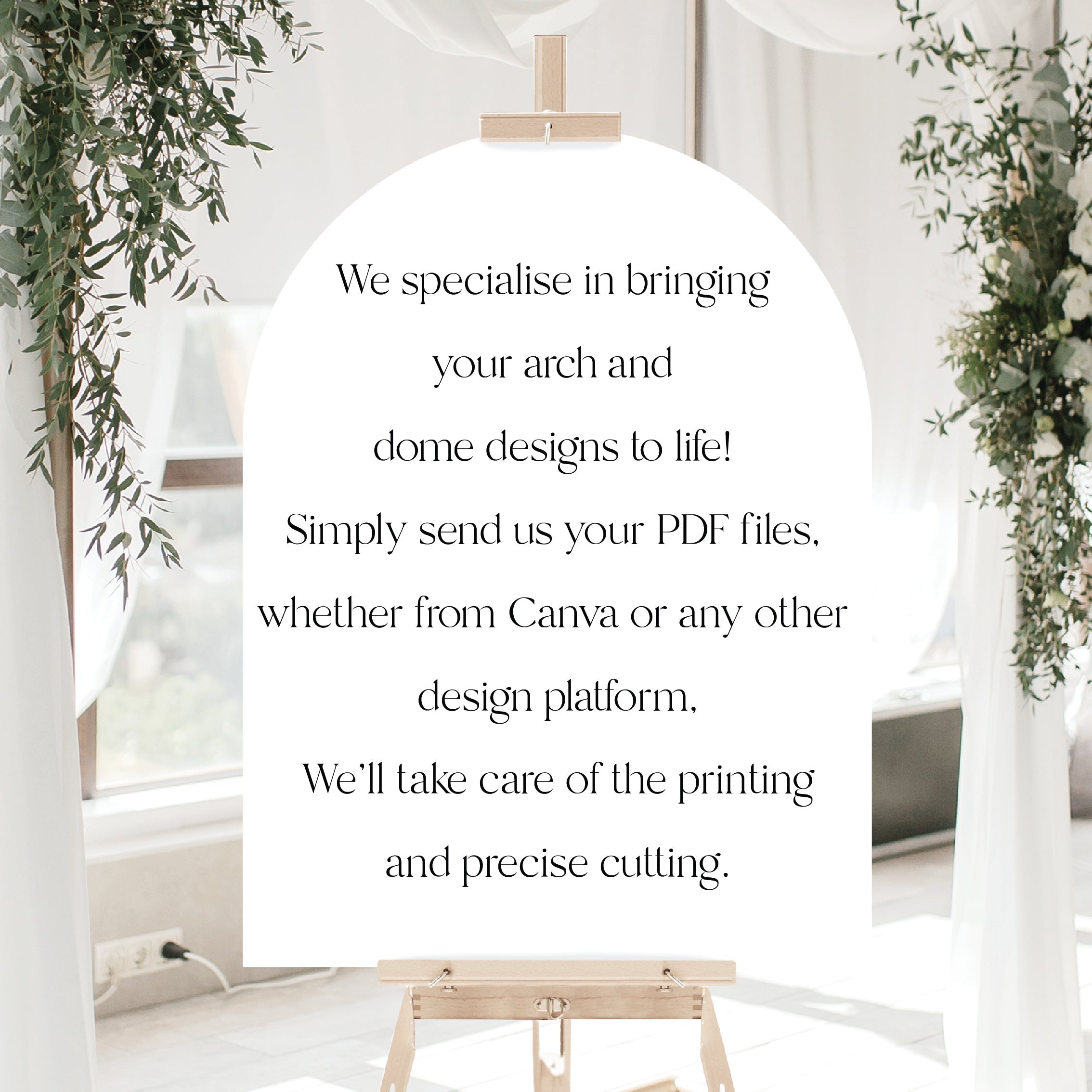 a sign for a printing service in A1, A2, A3, with a wooden easel and a green circle indicating additional acrylic & Foamex options.