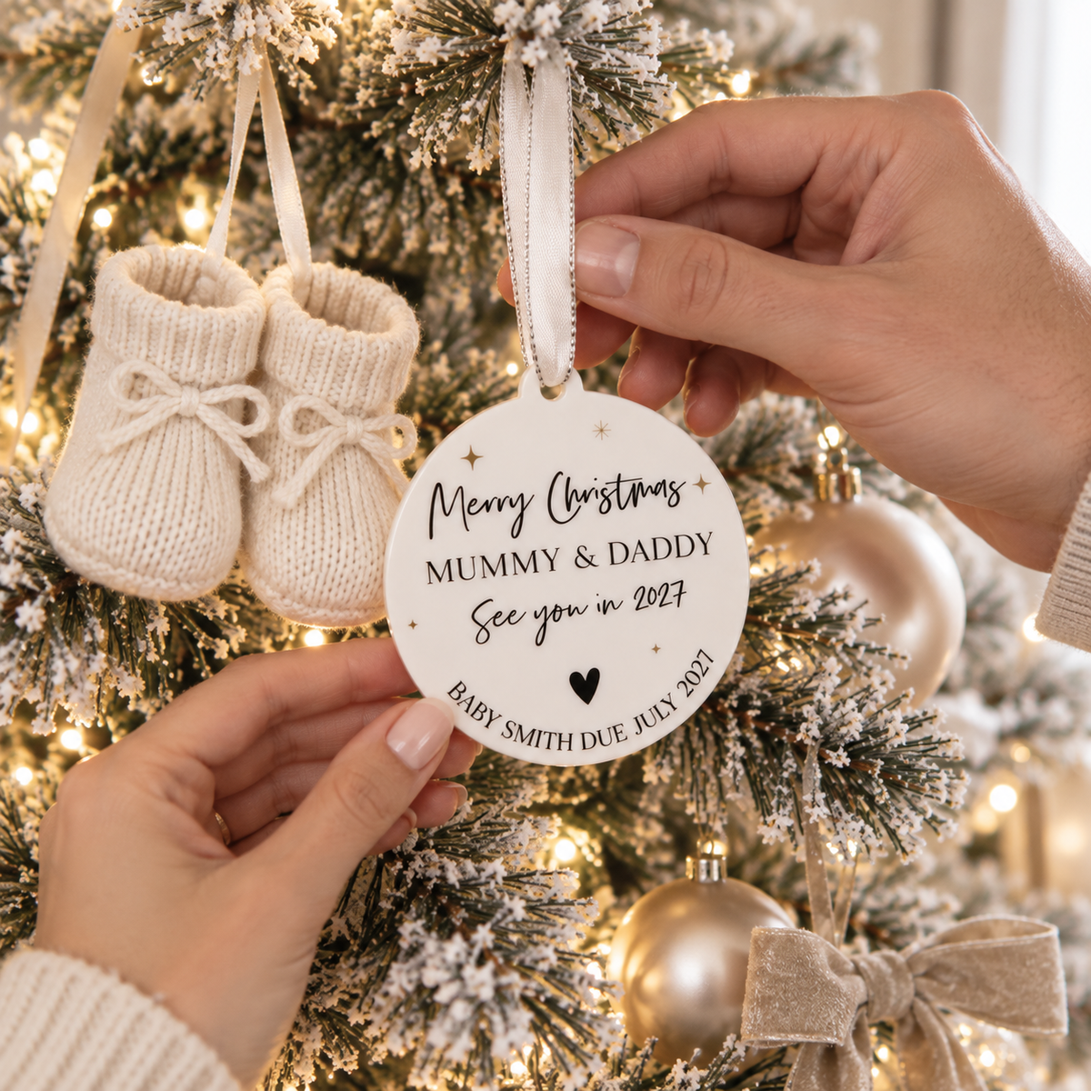 A person's hands are holding a white ornament with a message that reads "Merry Christmas MUMMY & DADDY See you in July 2021" on a Christmas tree decorated with white knitted booties and ornaments.