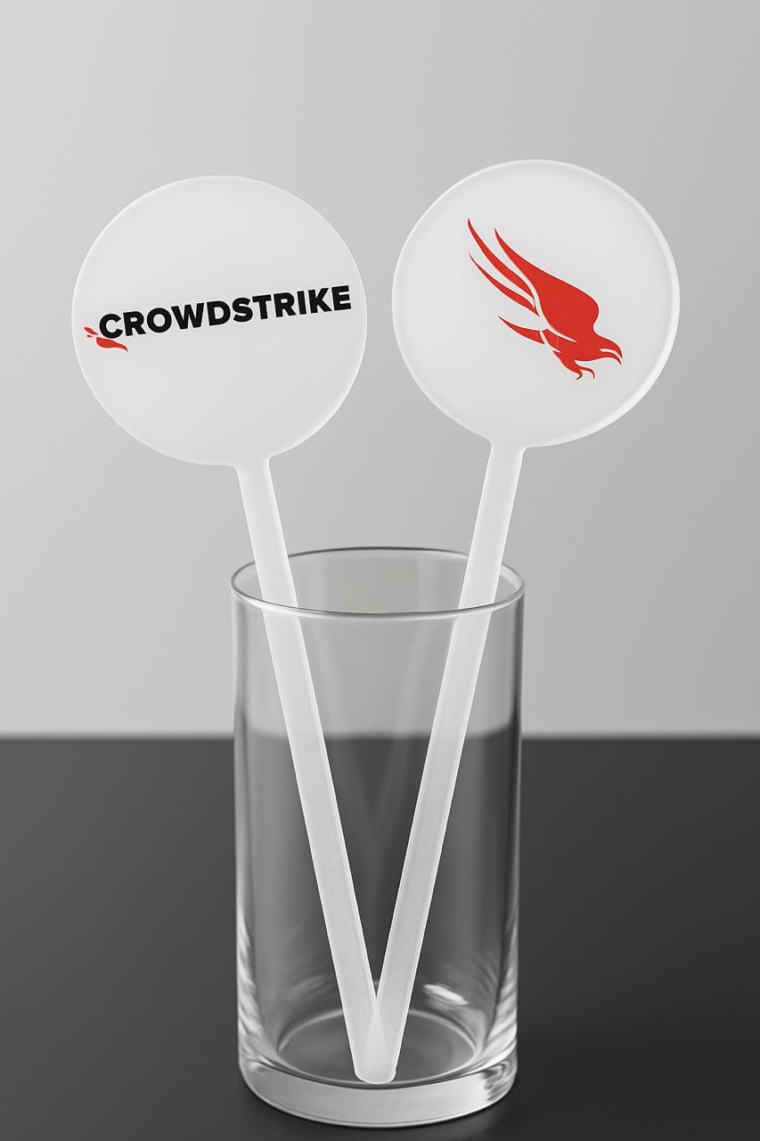 a glass with two white straws inserted into it, each displaying a logo.
