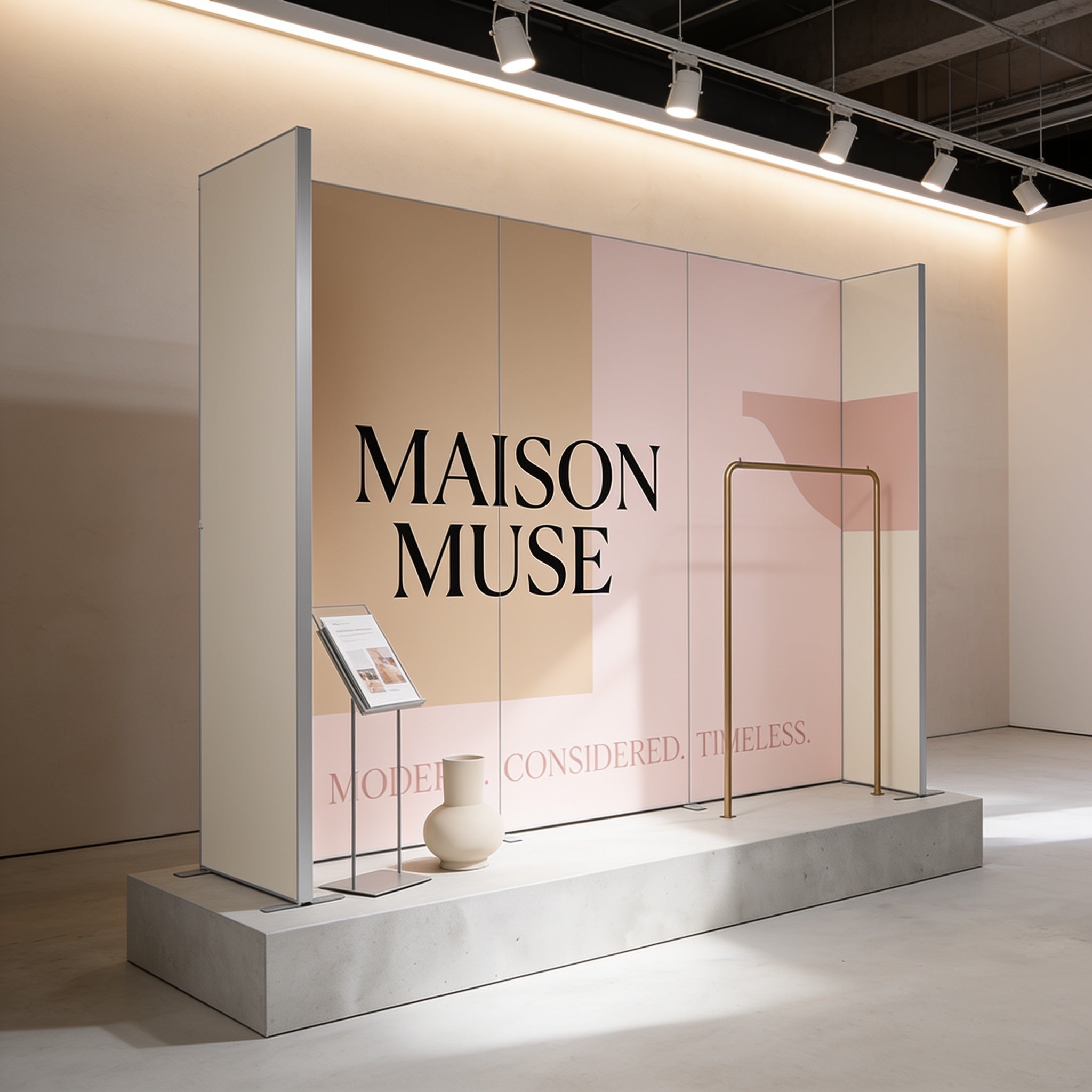 a modern and minimalist display for the brand "MAISON MUSE", with a large text display and a small display stand.
