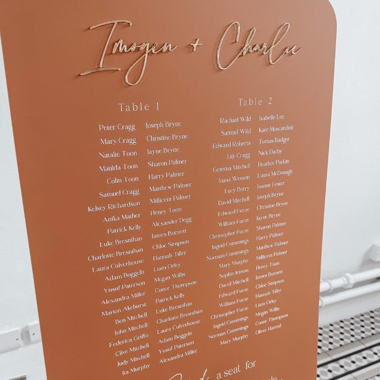 A collection of colorful name cards or place cards, each with a different color and text, placed on a white plate or napkin. The cards are arranged in a row, and there are flowers visible in the background.