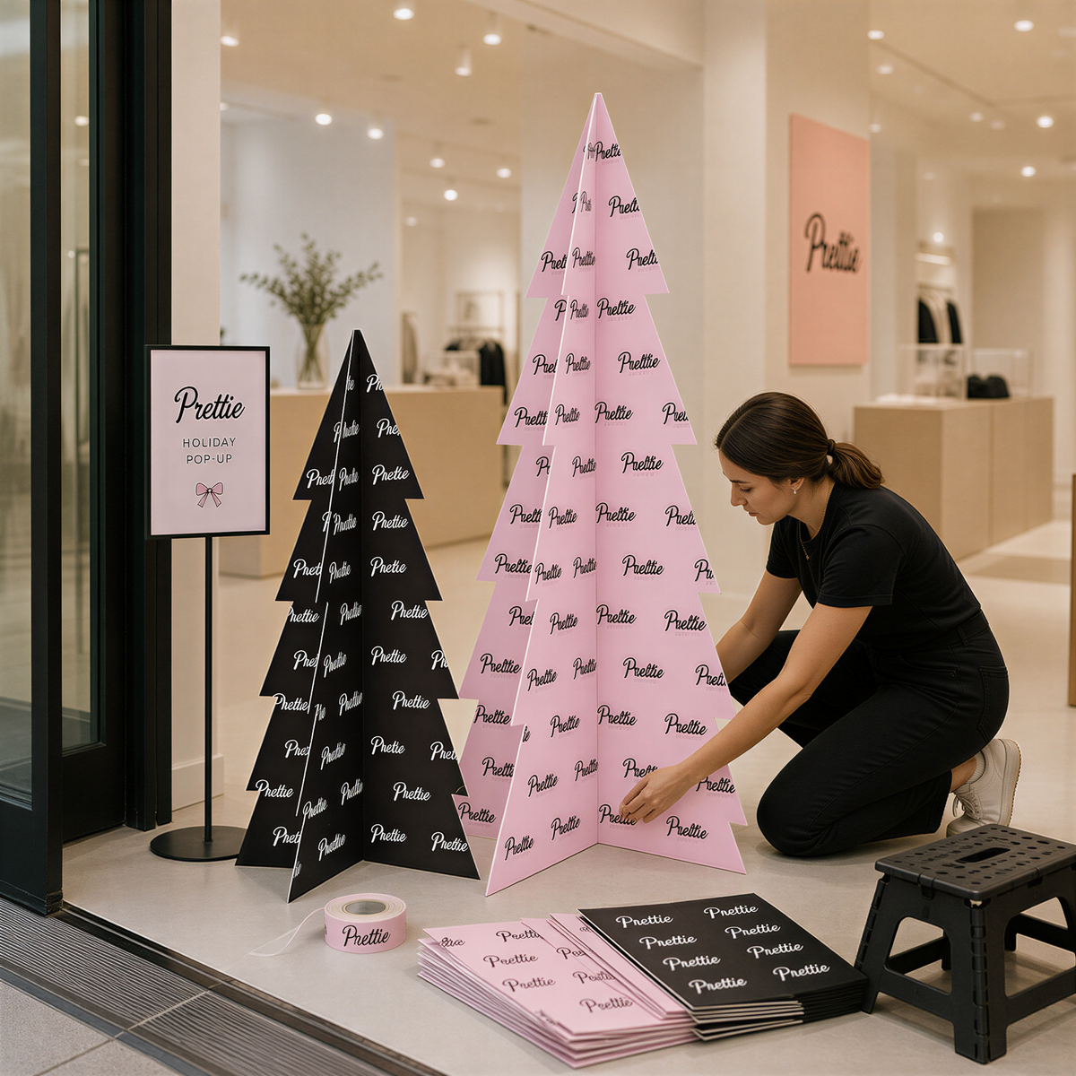 A woman is arranging or decorating two large, pink and black Christmas trees in a store.