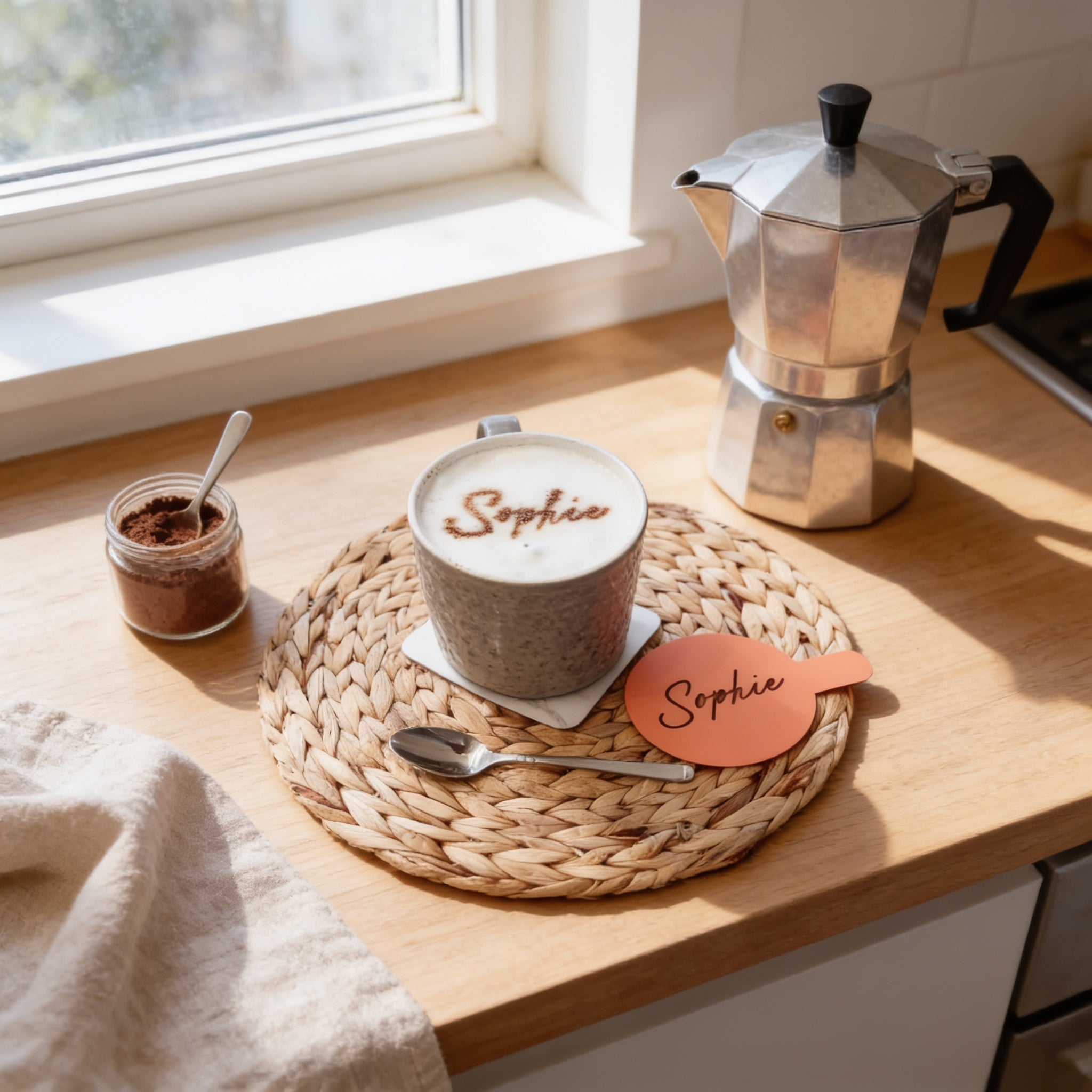 A cozy coffee setup on a kitchen counter, featuring a silver coffee maker, a mug with a personalized name, and a jar of coffee beans.