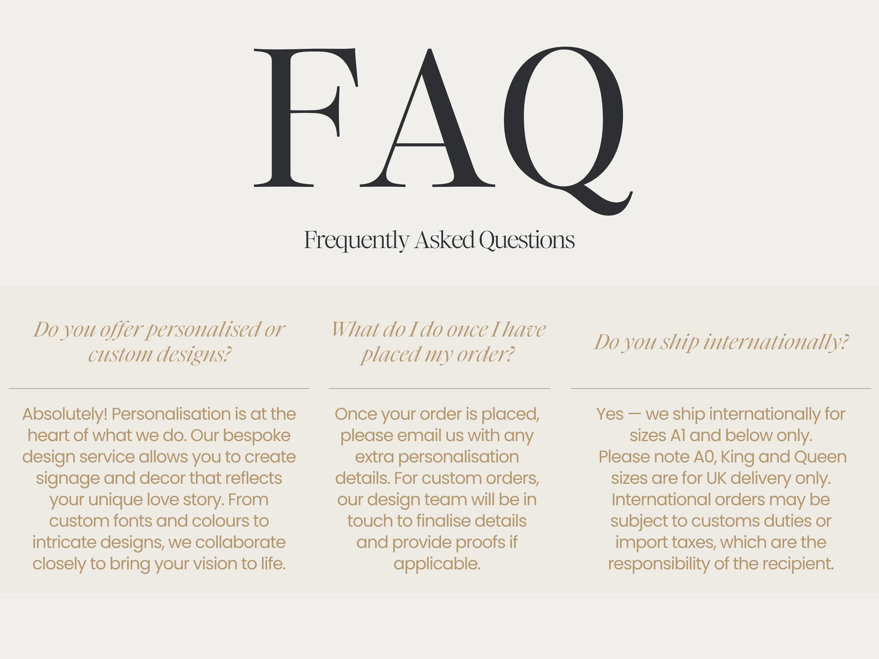 a series of questions and answers related to personalised or custom designs, shipping internationally, and the collaboration between designers and clients. The questions are designed to elicit specific information about the services offered and the recipient's preferences.