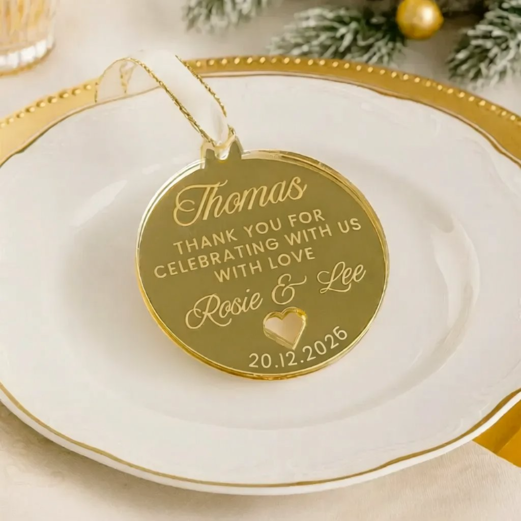 A gold-colored oval ornament with a heart-shaped cutout, hanging on a white plate with a gold rim.