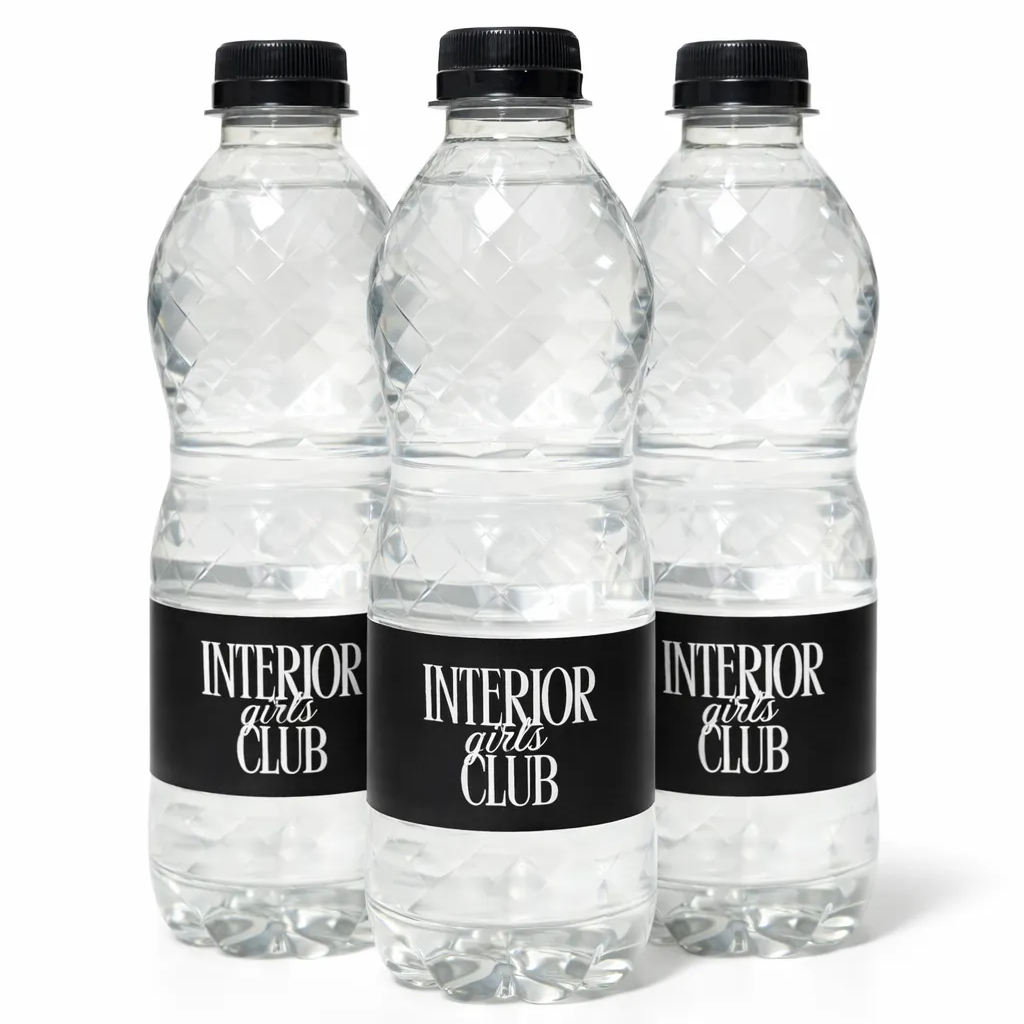 Three identical clear plastic bottles with black caps and labels that say "INTERIOR girls CLUB".