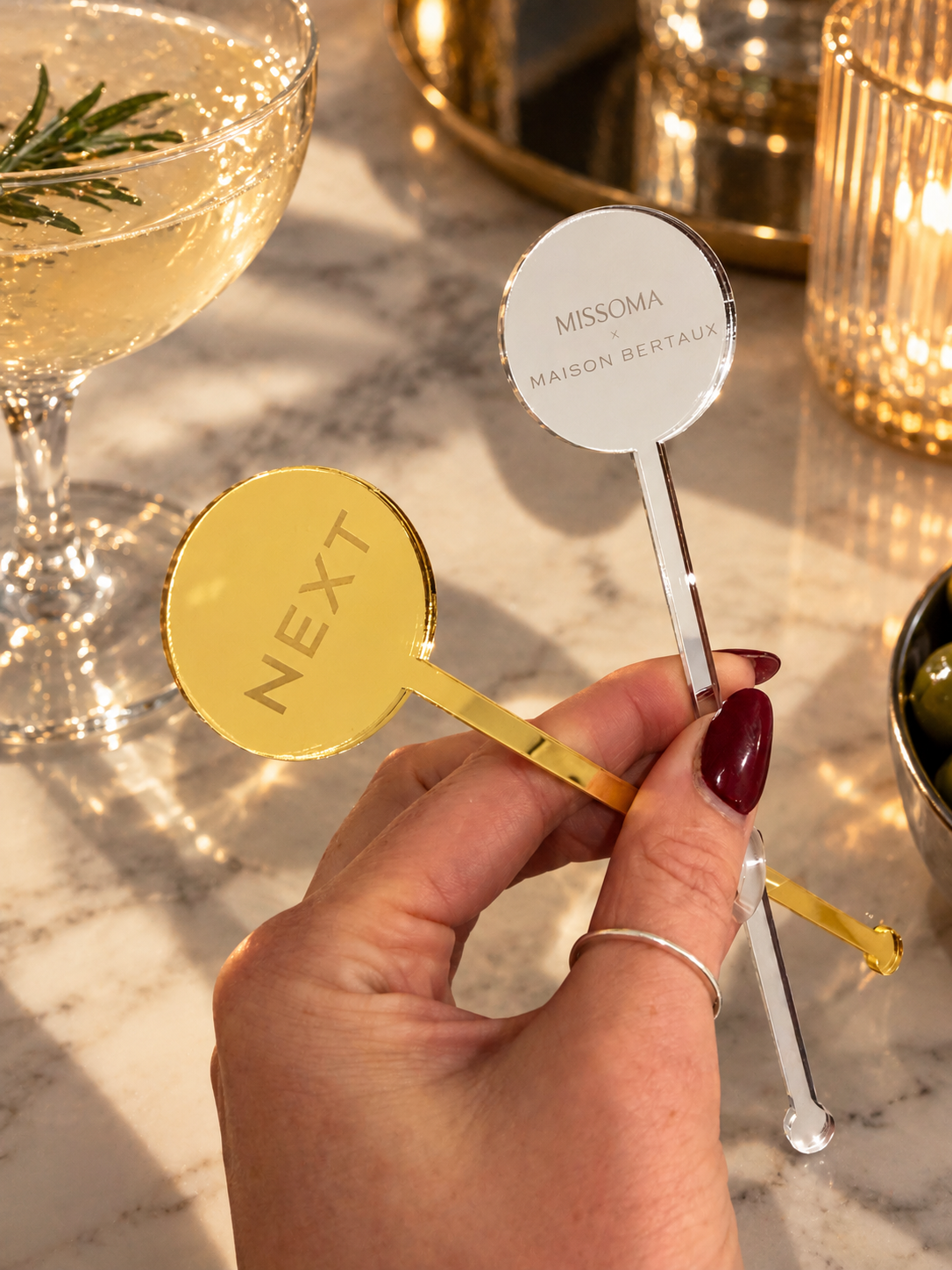 Custom Engraved Drink Stirrers in mirror acrylic for party cocktail styling