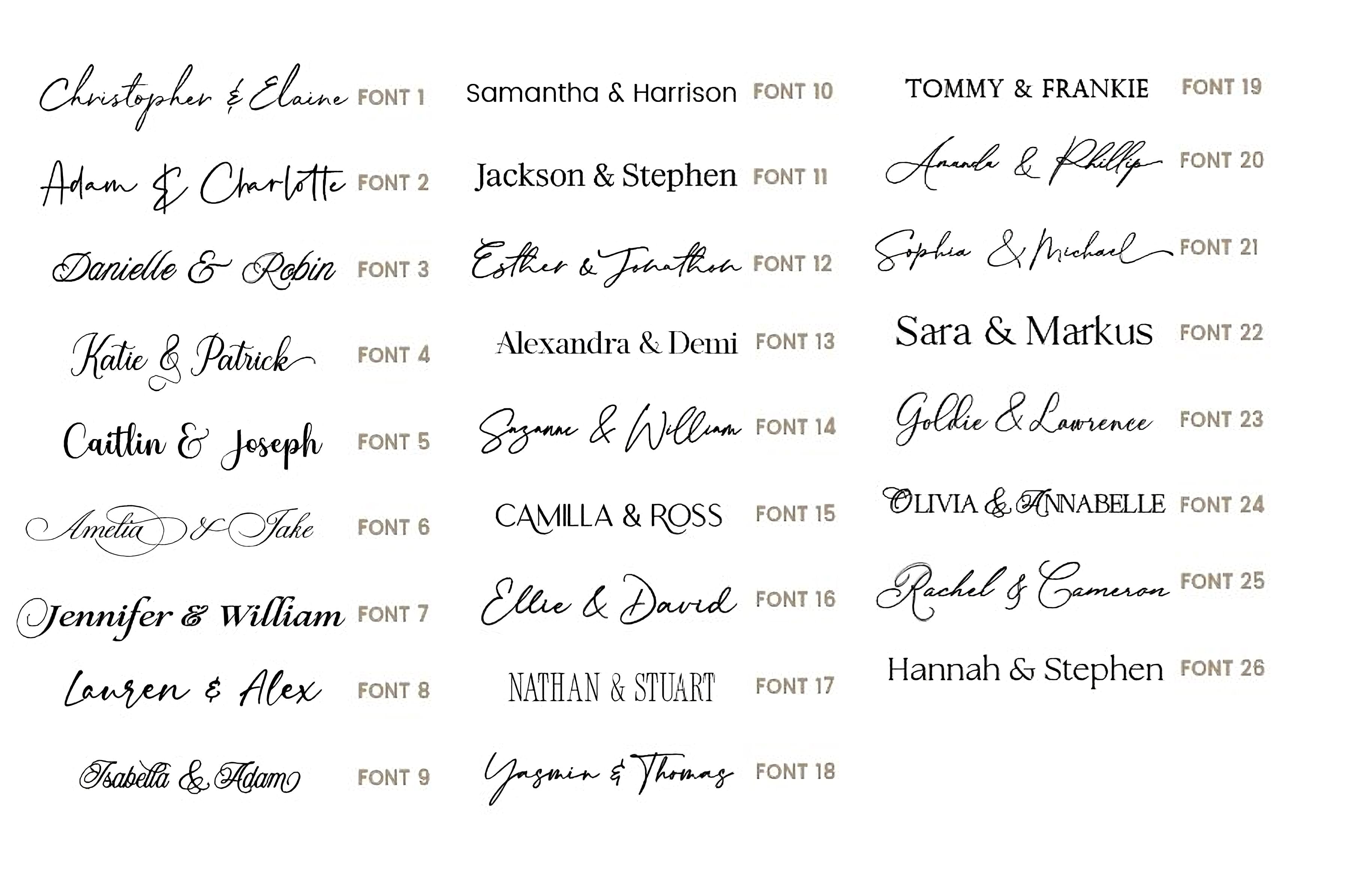 a collection of various names and styles of fonts, likely intended for use in wedding invitations or other graphic design projects.