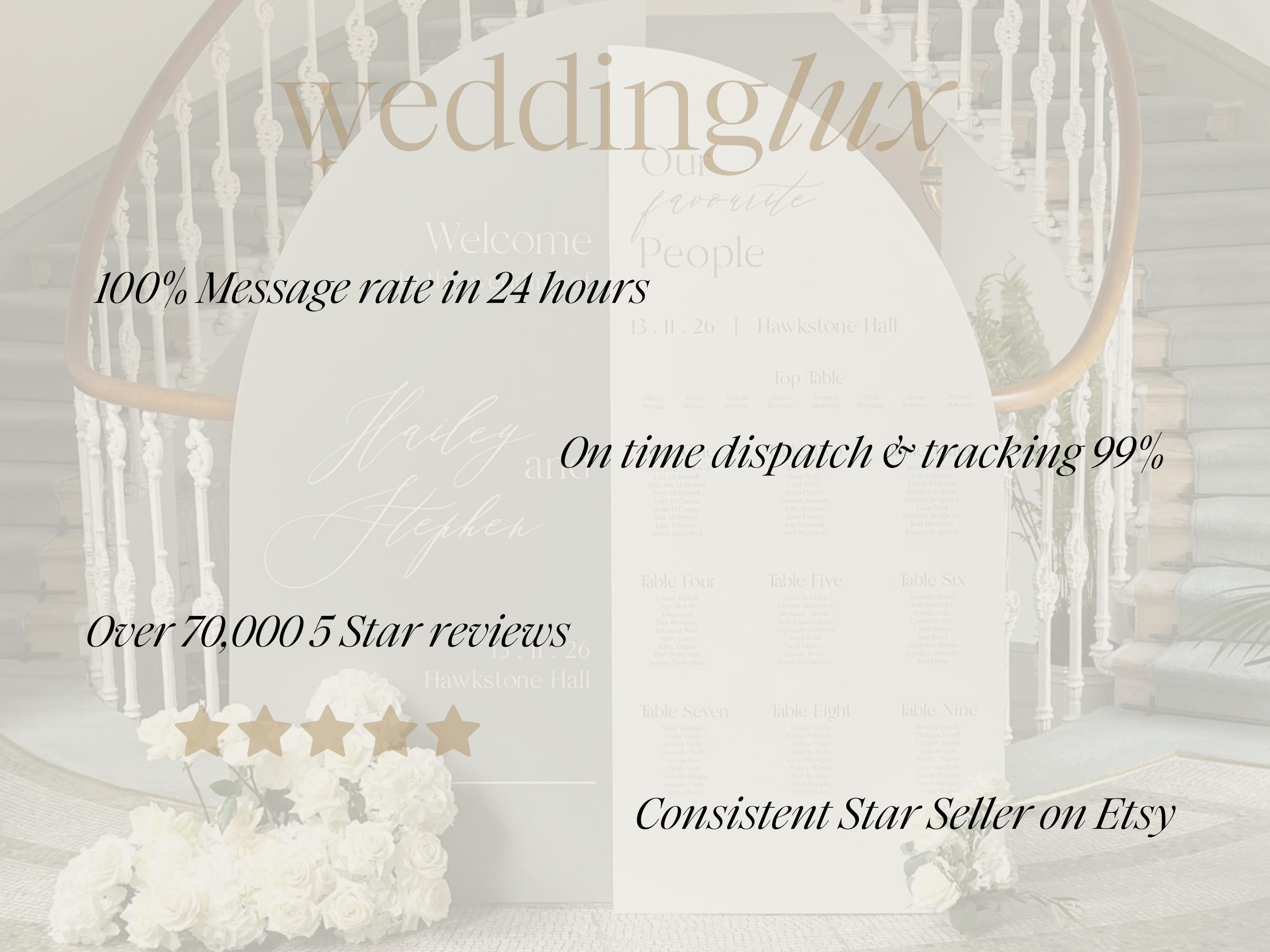 The image is a wedding invitation featuring a white arch with the text "weddinglux" and a list of details about the wedding service.