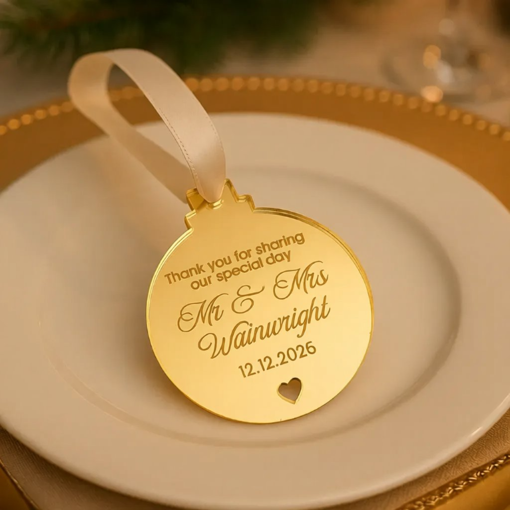 A gold-colored ornament with a ribbon attached, placed on a white plate.