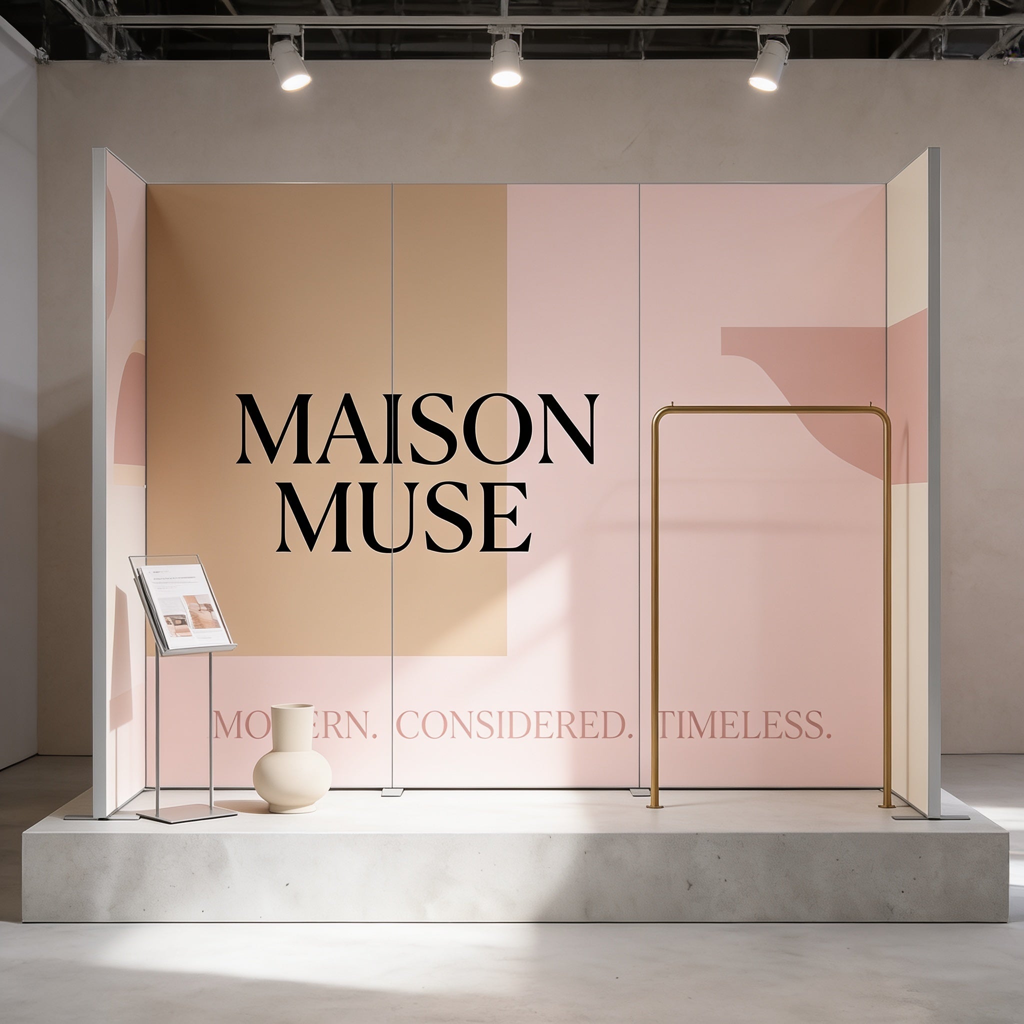 a display stand with a large text banner that reads "MAISON MUSE" and a smaller text banner below that says "MODERN. CONSIDERED. TIMELESS."
