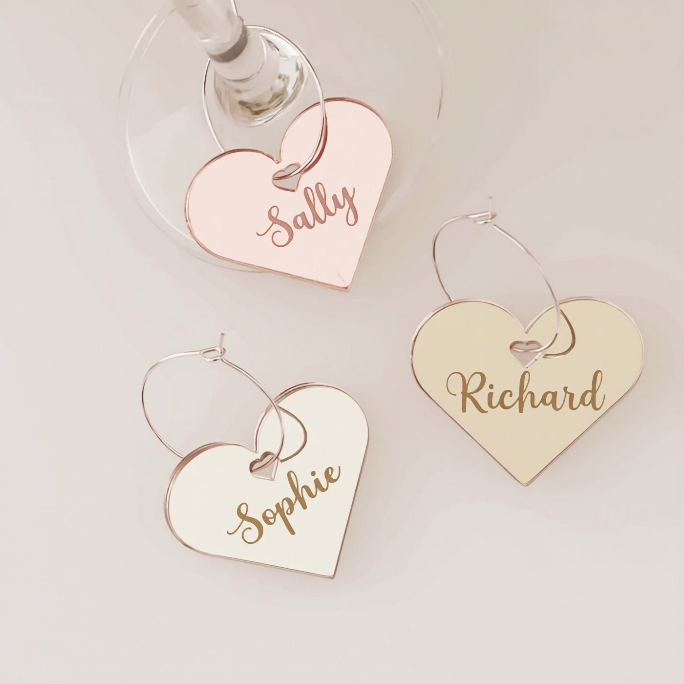 Personalised party drinks charms – luxury heart shaped gold mirror drink markers