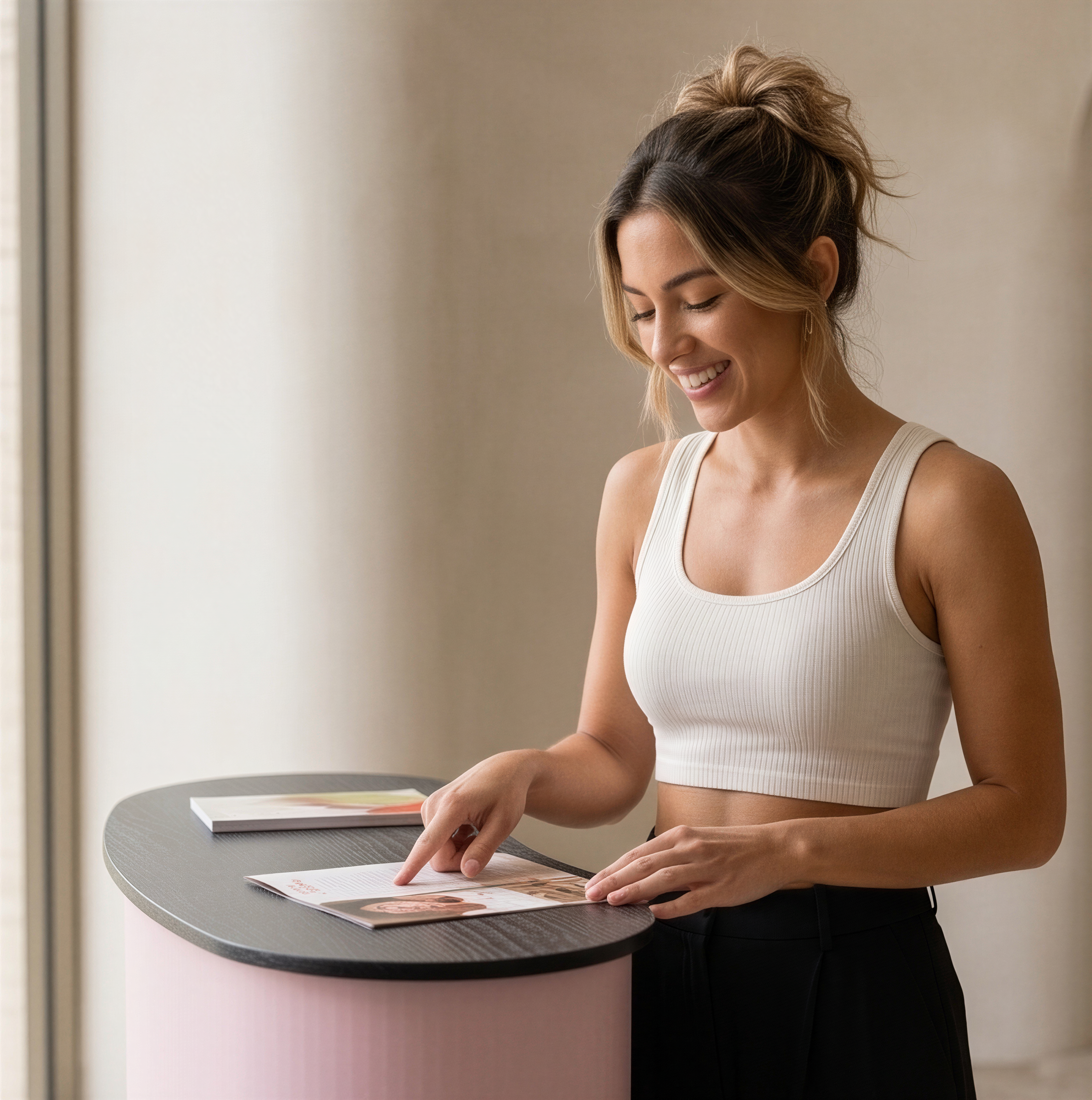 A woman in a white tank top is smiling and pointing at a brochure on a table.