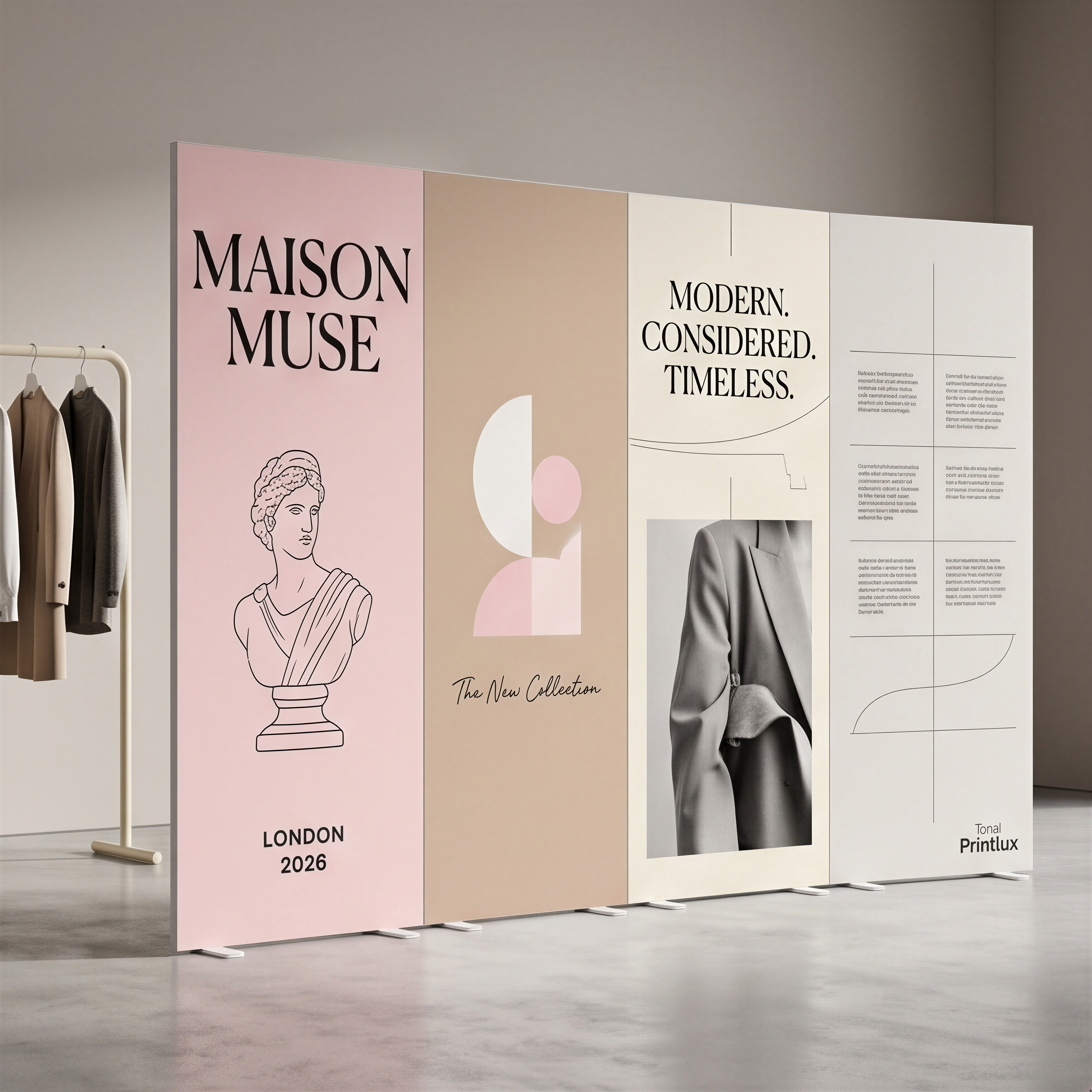 The image is a display of fashion-related content, including a poster for Maison Muse, a poster for The New Collection, and a poster for The New Collection.