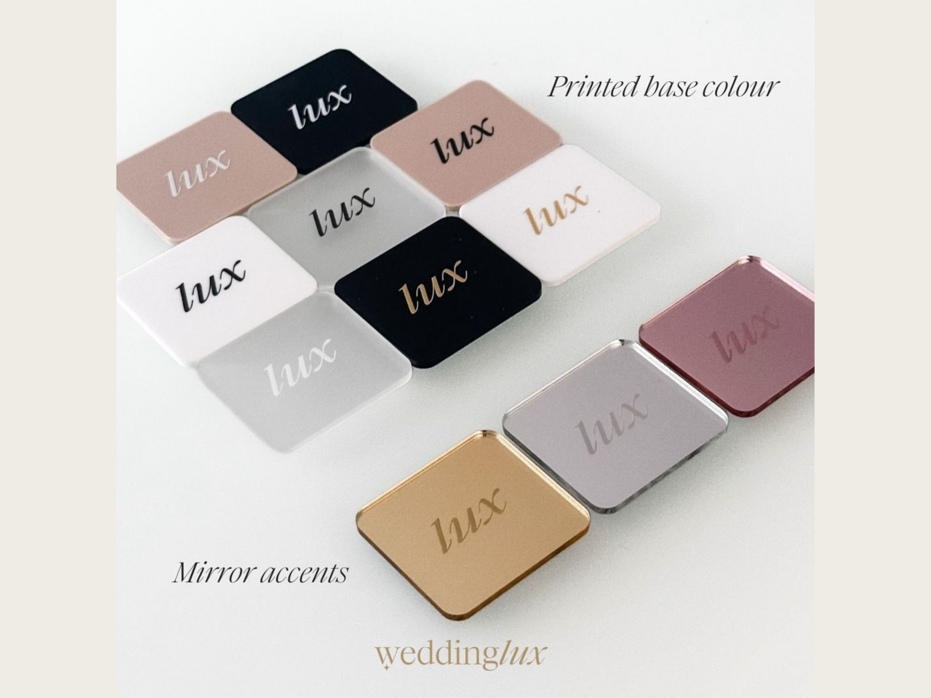 various colored square mirrors with the word "Lux" printed on them, along with text indicating the base color and the type of the mirrors as wedding accessories.