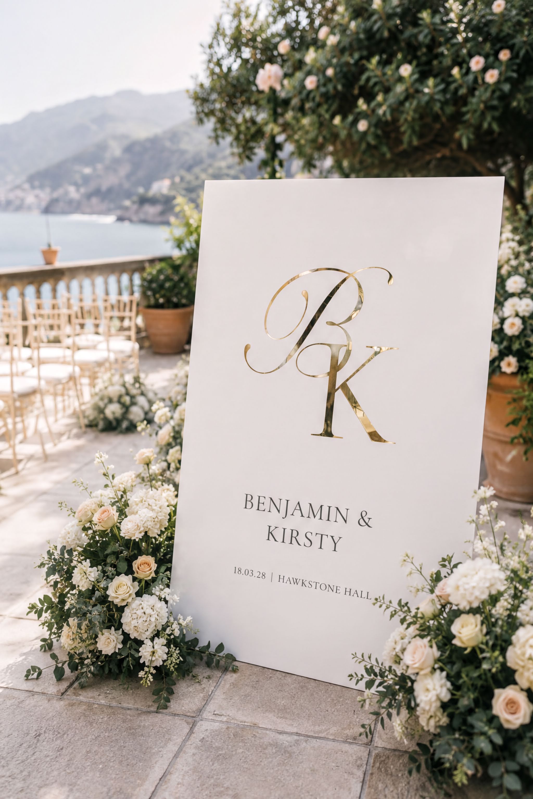 a white sign with a large "B" and "K" in gold lettering, surrounded by white flowers and greenery. The sign displays the names "Benjamin & Kirsty" and the date "18.03.28" at the bottom.