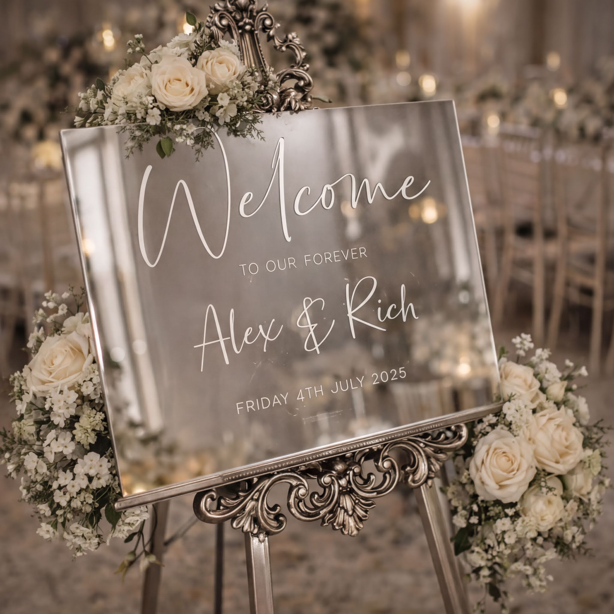 A large mirror with a sign that reads "Welcome to our forever Alex & Rich" on it, surrounded by white flowers.