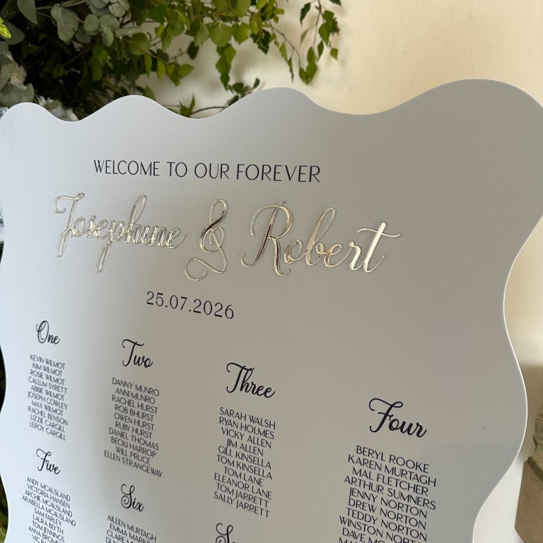 A collection of colorful name cards or place cards, each with a different color and text, placed on a white plate or napkin. The cards are arranged in a row, and there are flowers visible in the background.