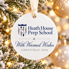 White round Christmas bauble with Heath House Prep School logo, With Warmest Wishes greeting and Christmas 2026 text