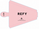 A flat packaging template sheet showing a pink semi-glass pizza box slice with a thumb cutout, labeled 'REFY' and 'PLEASE RECYCLE'. The sheet includes a proof block with the brand 'pack genie' and color swatches.