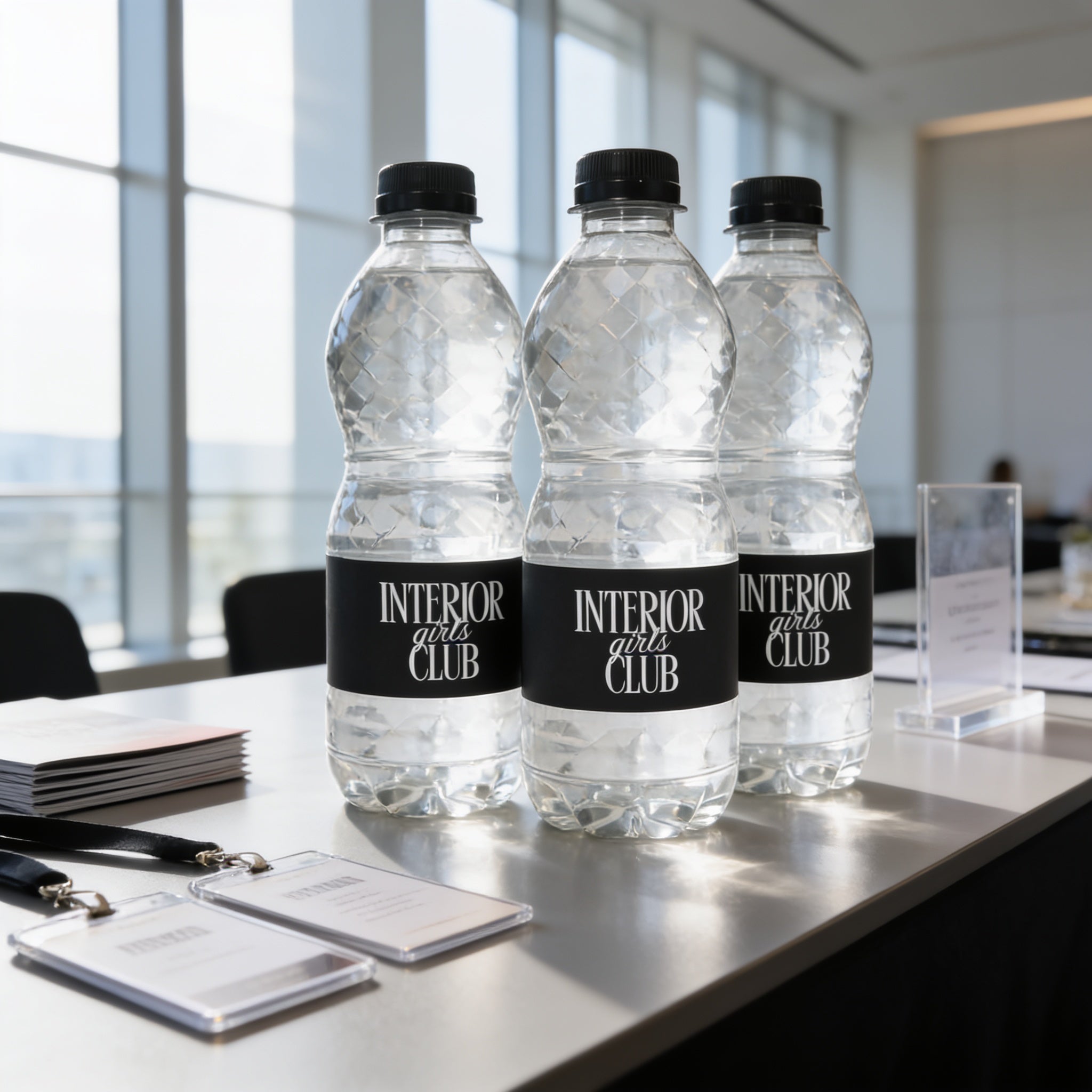 Three clear plastic water bottles with black labels are placed on a table, with a stack of business cards and a sign visible in the background.
