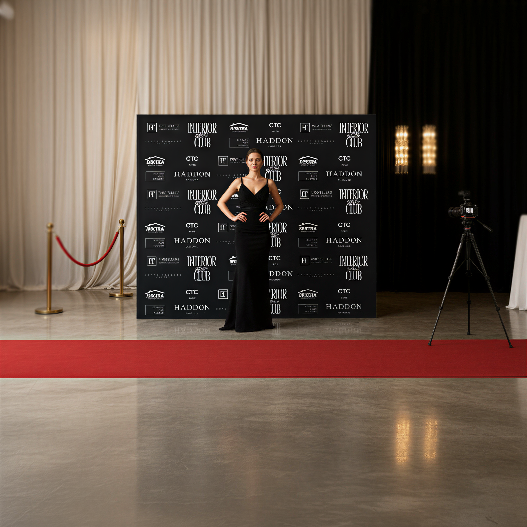 A woman in a black dress stands in front of a red carpet and a black backdrop with logos, likely at a formal event or red carpet party.