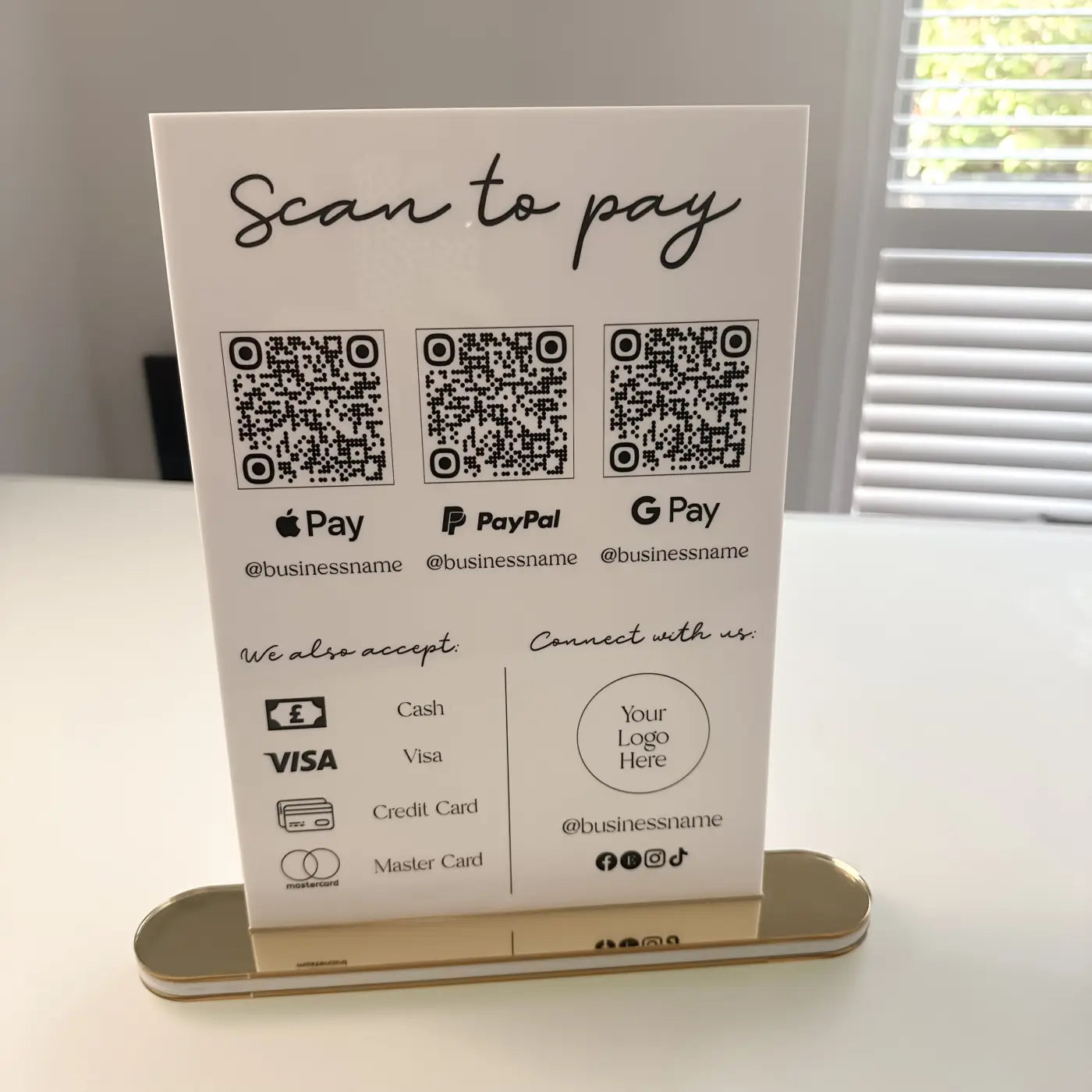 Acrylic qr code sign – luxury personalised payment display | contactless scan to pay
