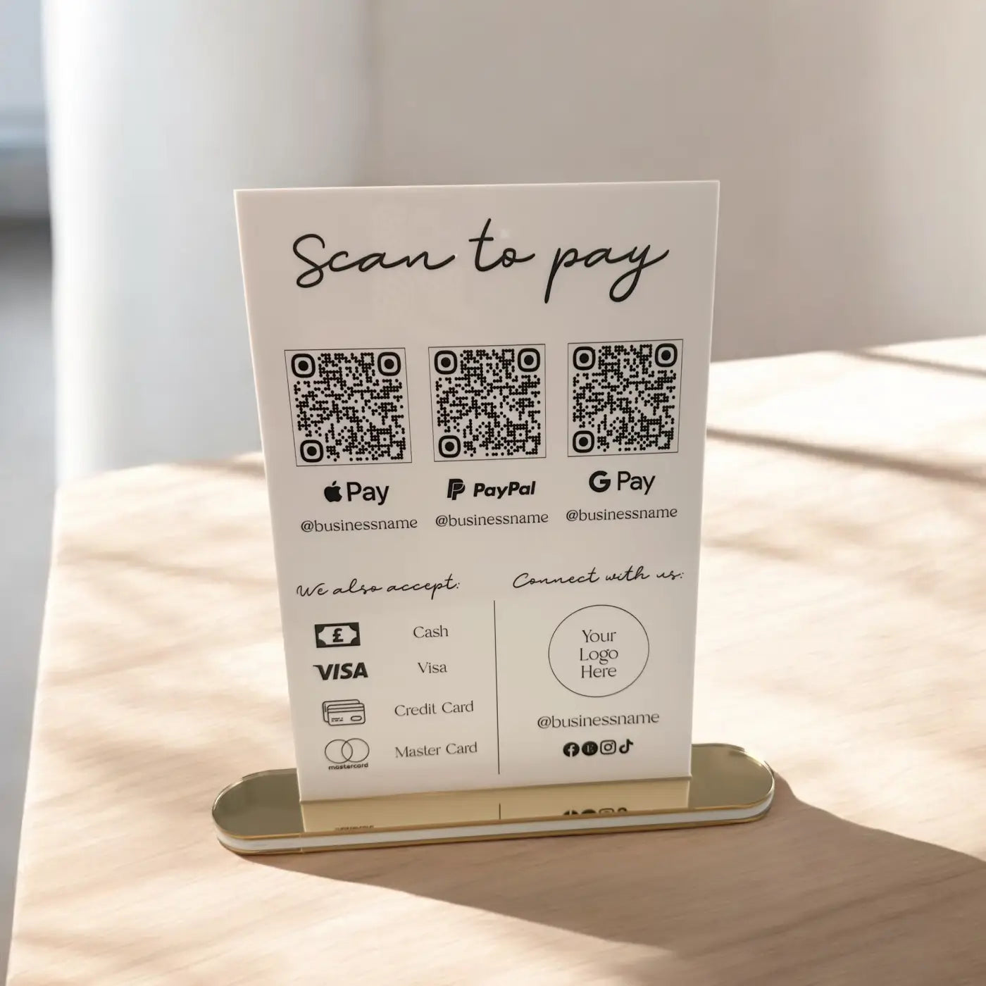 Acrylic qr code sign – luxury personalised payment display | contactless scan to pay
