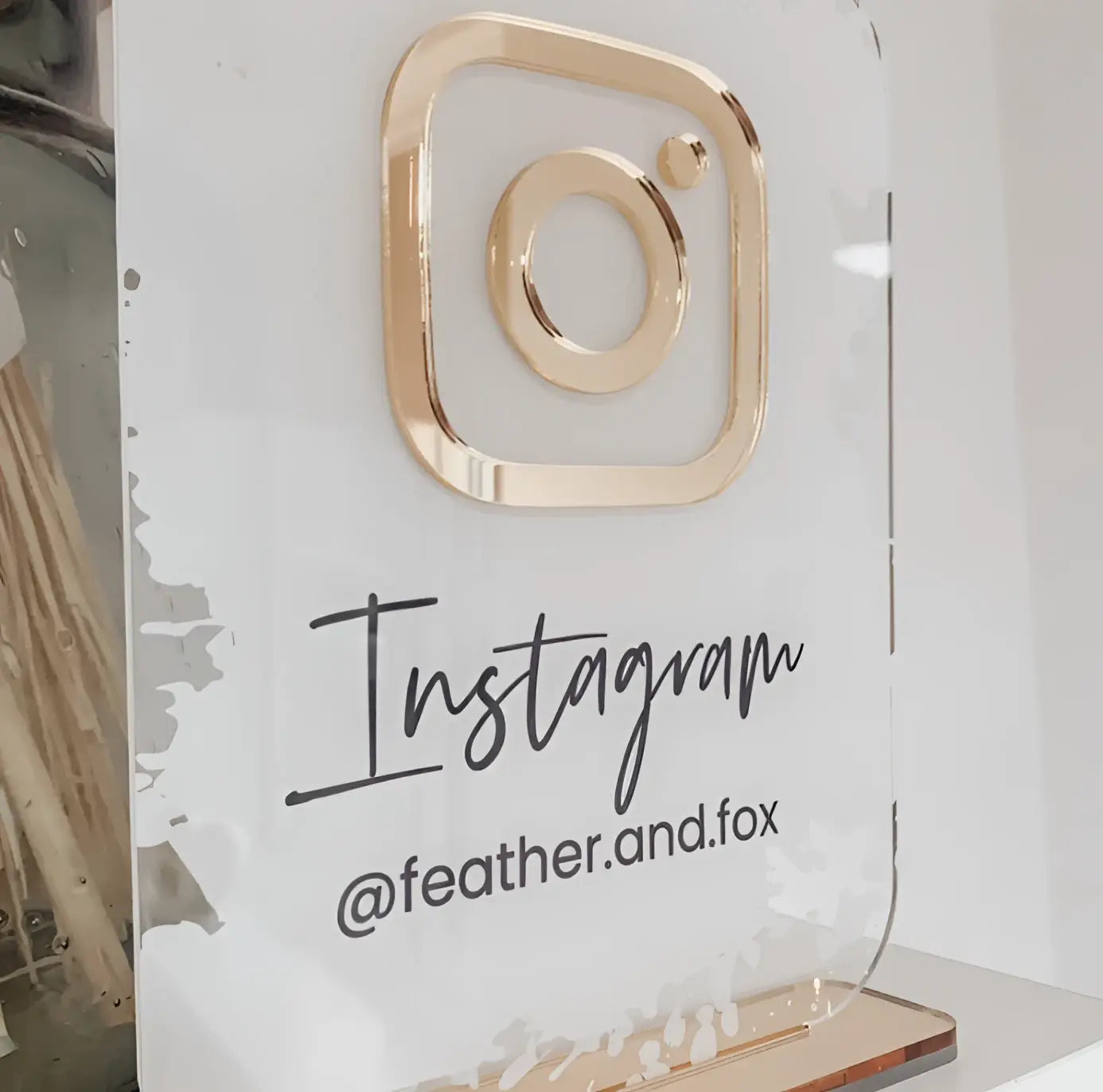 Acrylic social media sign – custom event branding | luxury mirror icon display stand