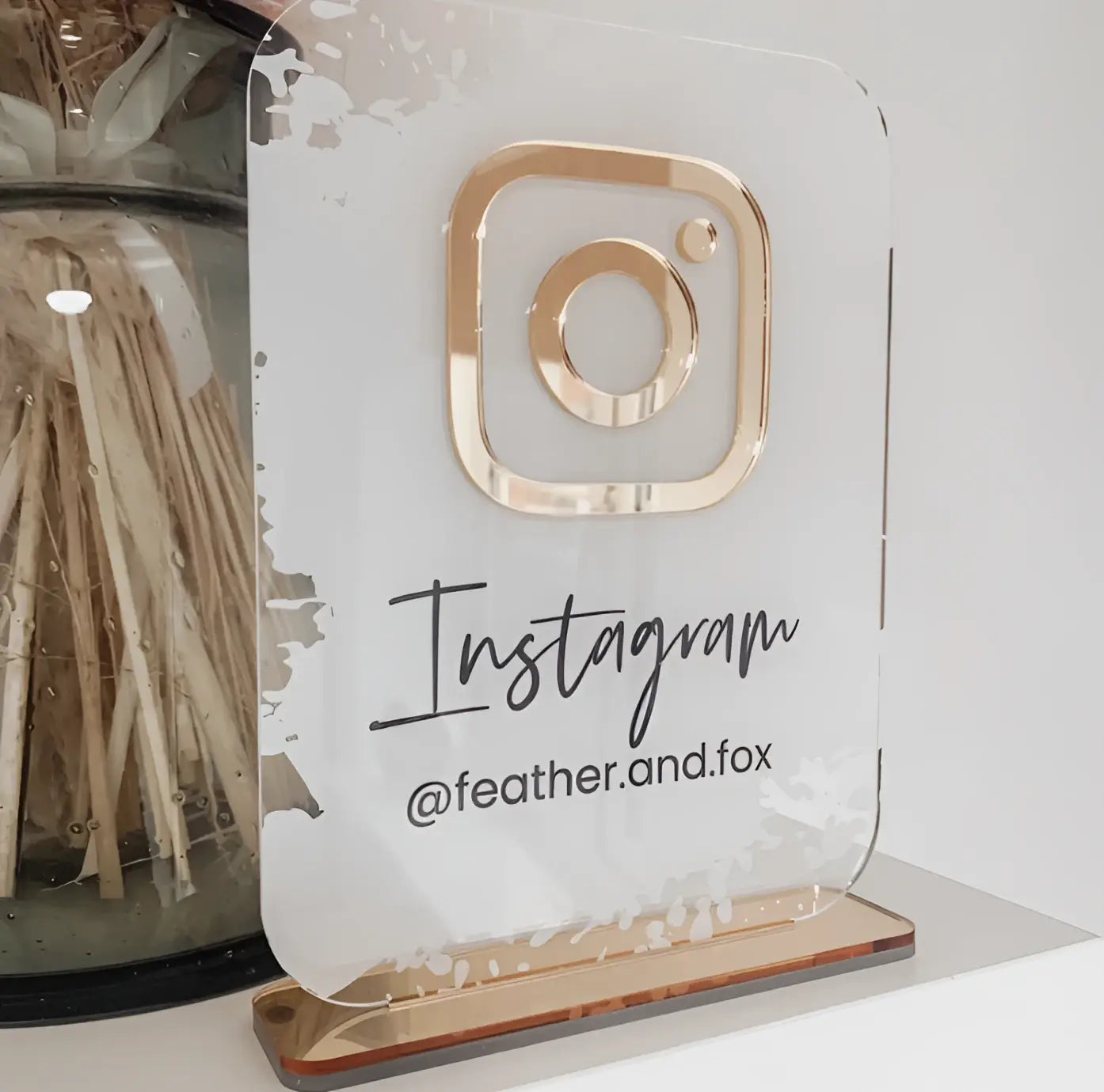 Acrylic social media sign – custom event branding | luxury mirror icon display stand
