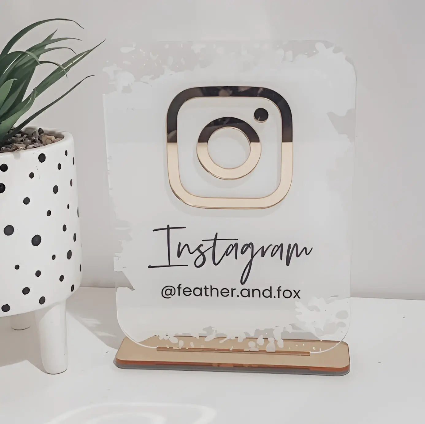 Acrylic social media sign – custom event branding | luxury mirror icon display stand
