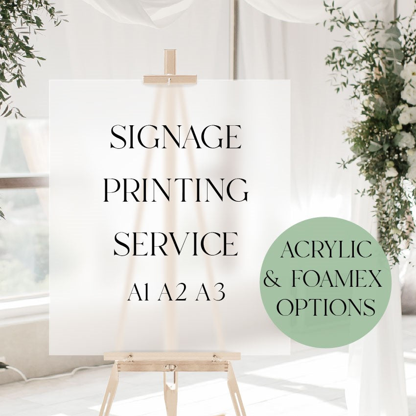 a white sign with black text that reads "ART WORK PRINTING SERVICE A1 A2 A3", placed on a wooden surface with additional Foamex and Acrylic options.