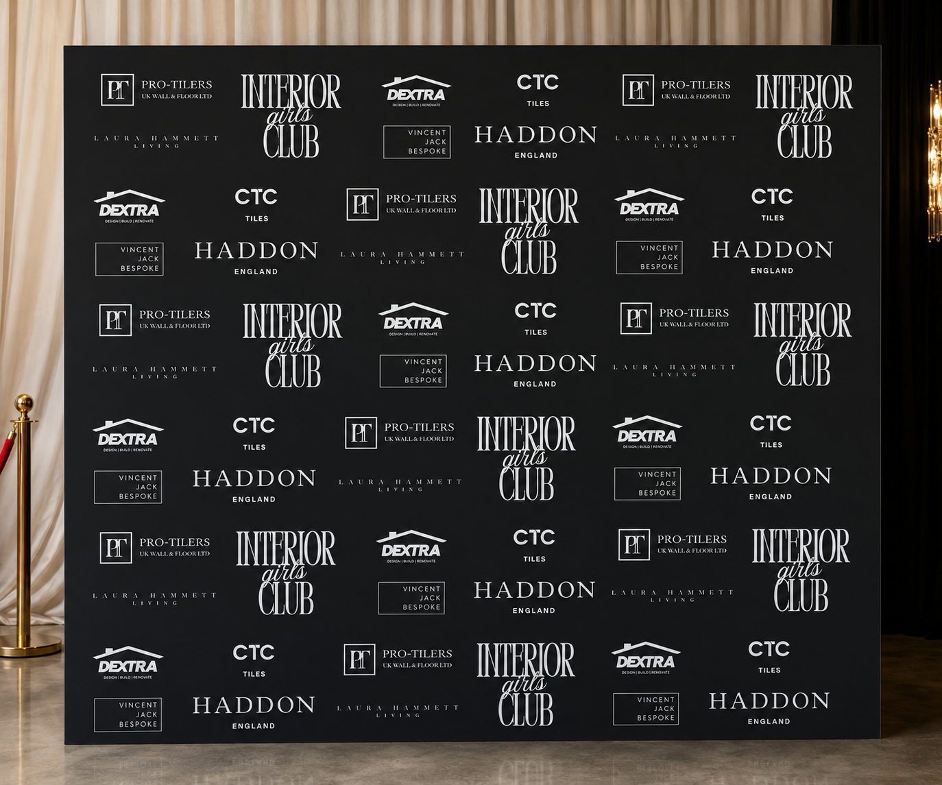 The image is a black and white collage featuring various logos and text related to interior design and flooring companies.