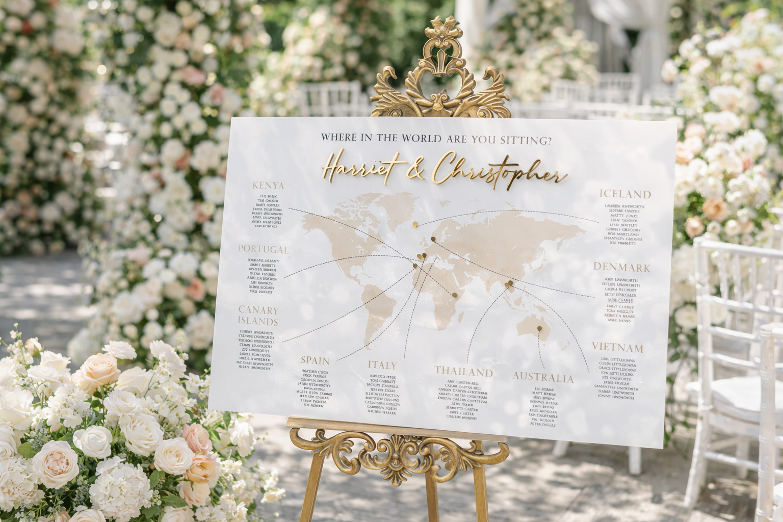 a wedding invitation board with a world map and names of countries, surrounded by a floral arrangement.