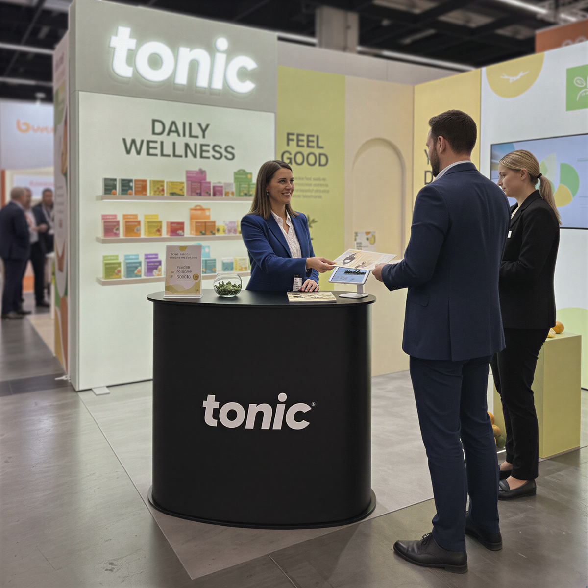 a promotional booth for a company called "tonic", with a woman standing behind a counter and two men engaged in conversation. The booth has a black circular logo and displays various products, including a sign that reads "Daily Wellness".