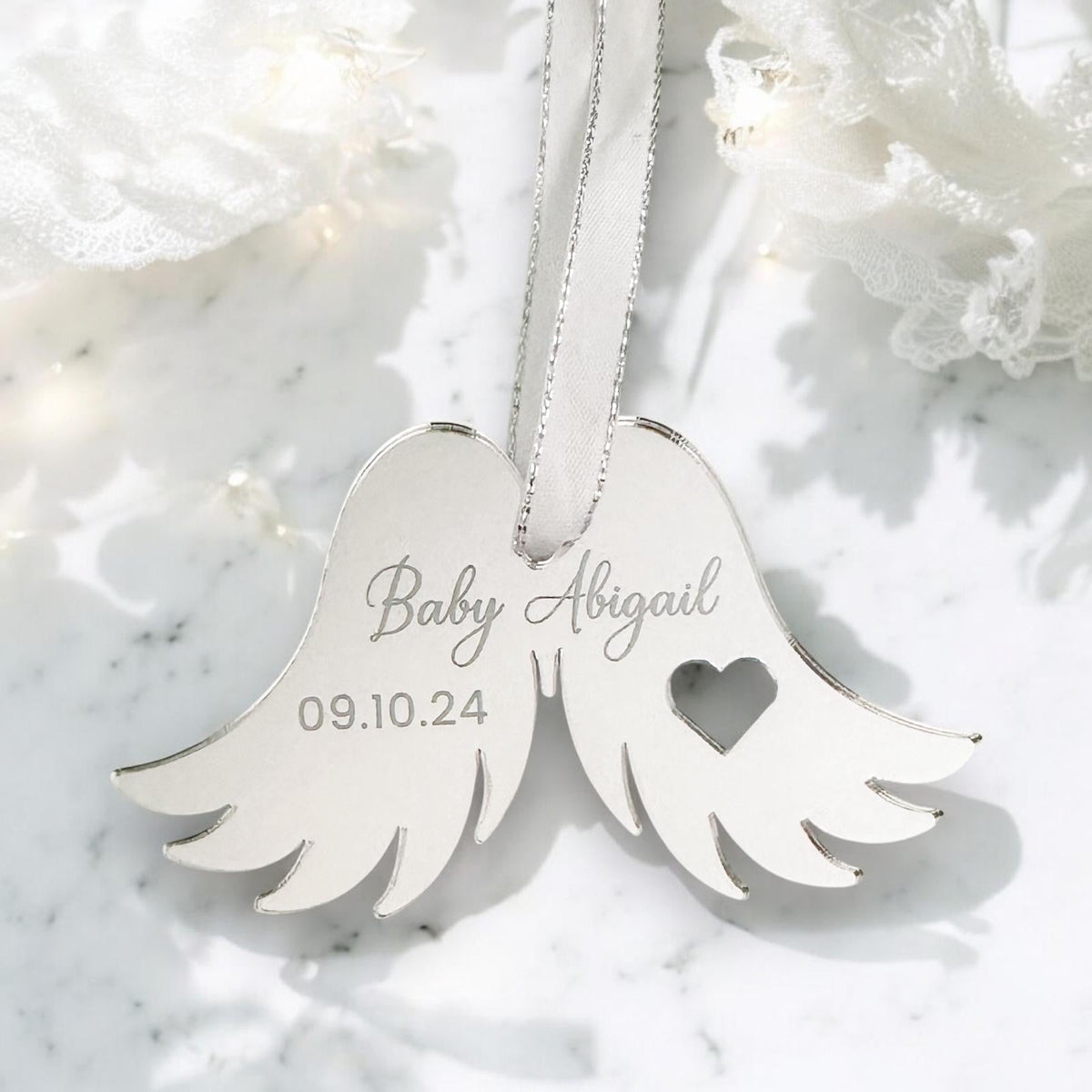 Baby Angel Wings Ornament with a custom name design for family remembrance keepsakes